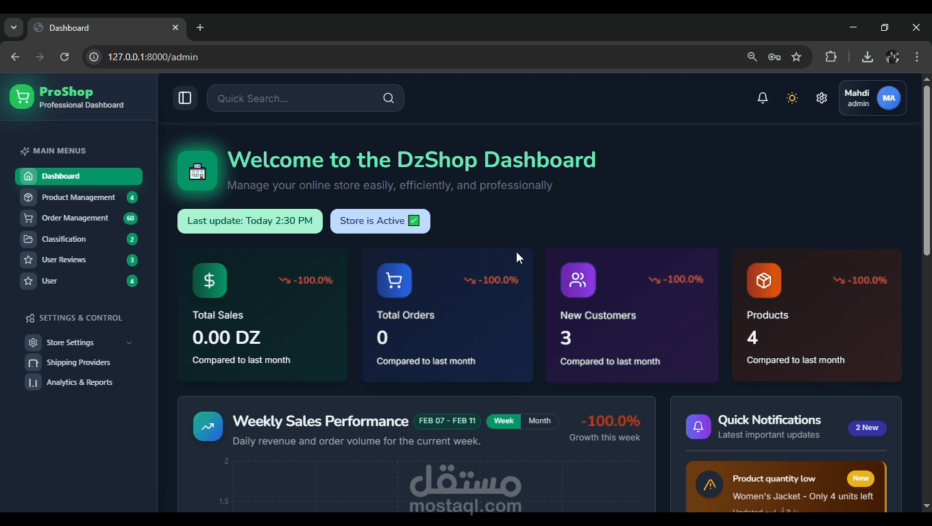 تصميم لوحة تحكم احترافية لإدارة متجر إلكتروني (Admin Dashboard)