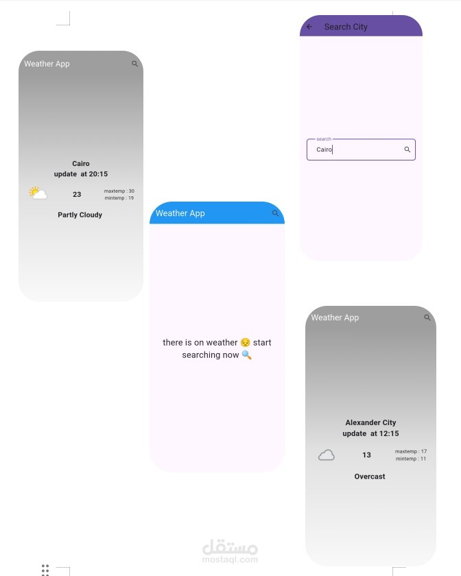تصميم وتطوير واجهه تطبيق طقس بسيط يتيح للمستخدم البحث عن أي مدينة وعرض حالة الطقس الحالية بطريقة واضحة وسلسة
