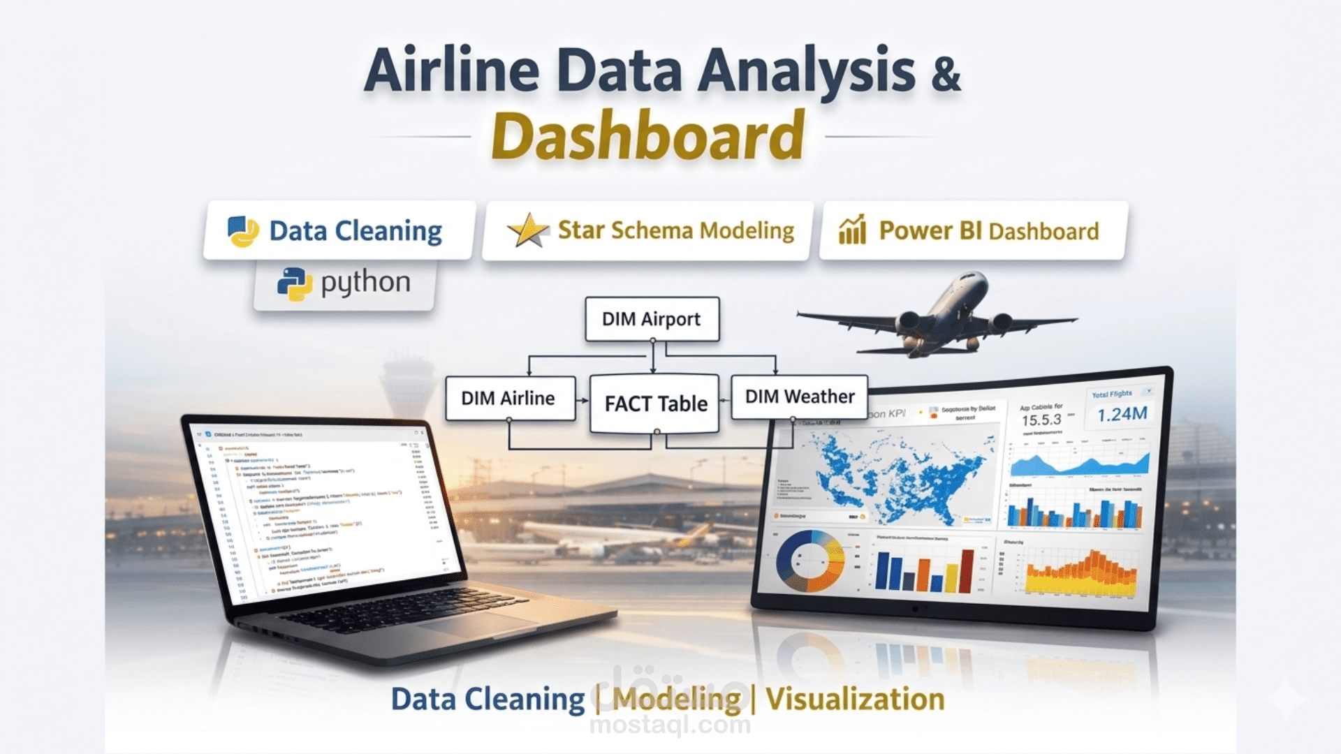 تصميم وتحليل بيانات الطيران (Python + Star Schema + Power BI Dashboard)