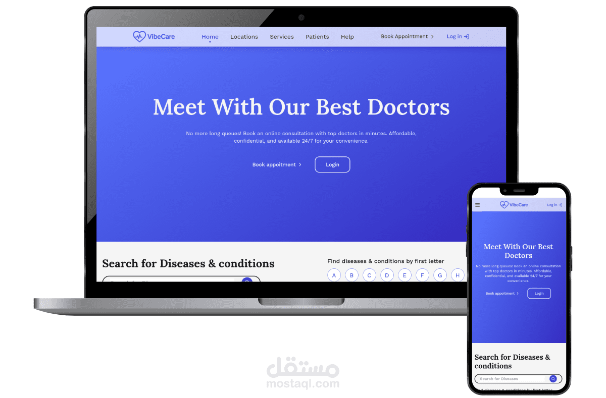 VibeCare - موقع إلكتروني لحجز المواعيد الطبية بتصميم عصري ومتجاوب