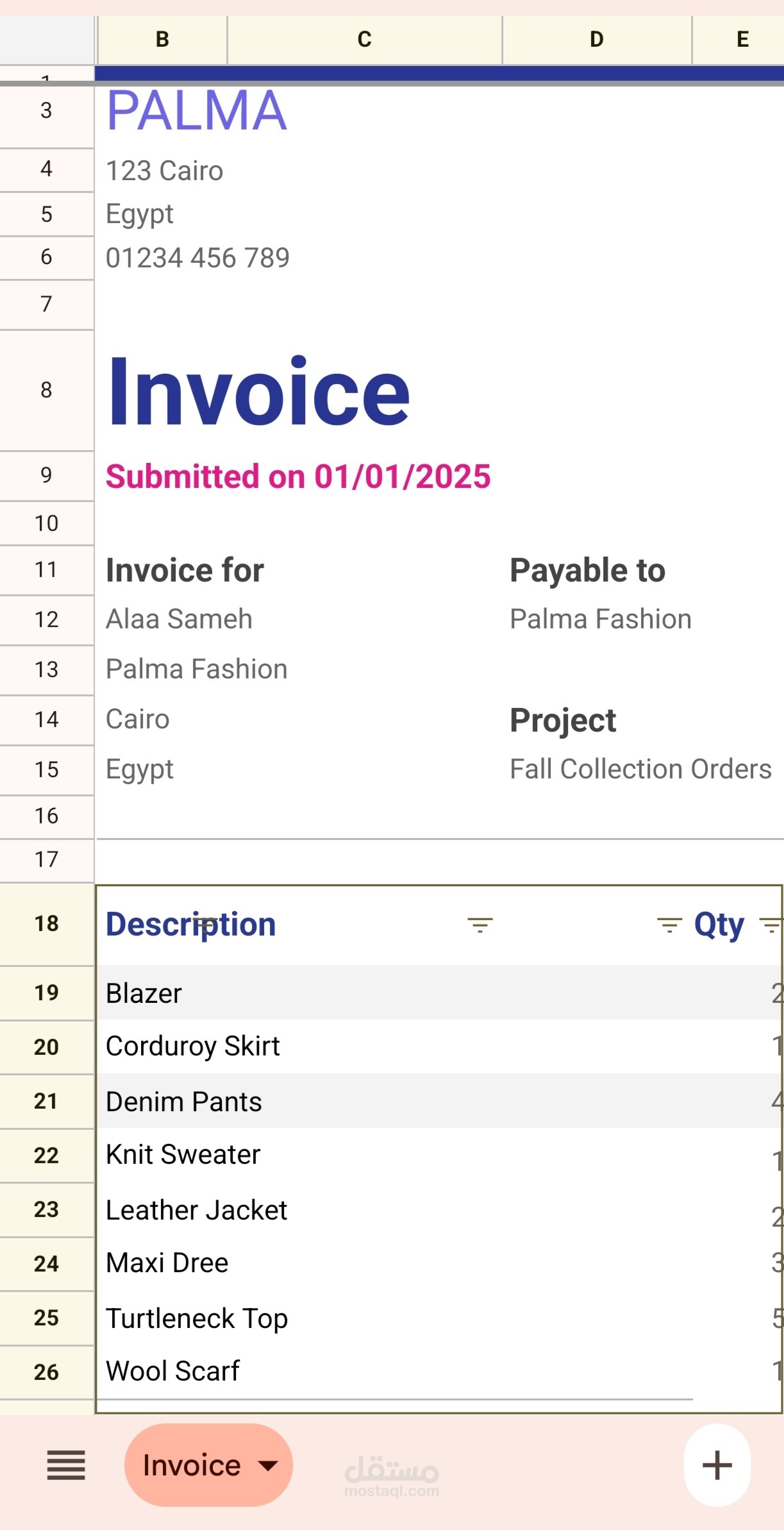 fall collection invoice