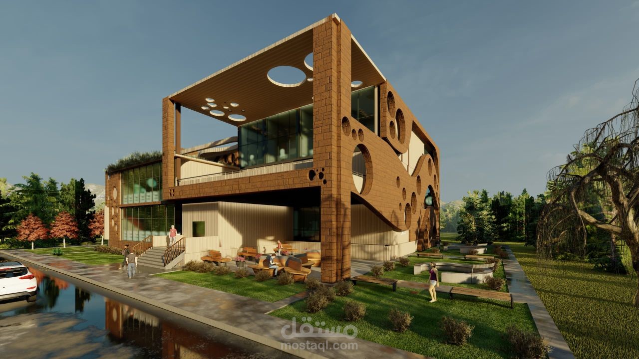 تصميم معماري وإظهار خارجي لمكتبة مجتمعية حديثة