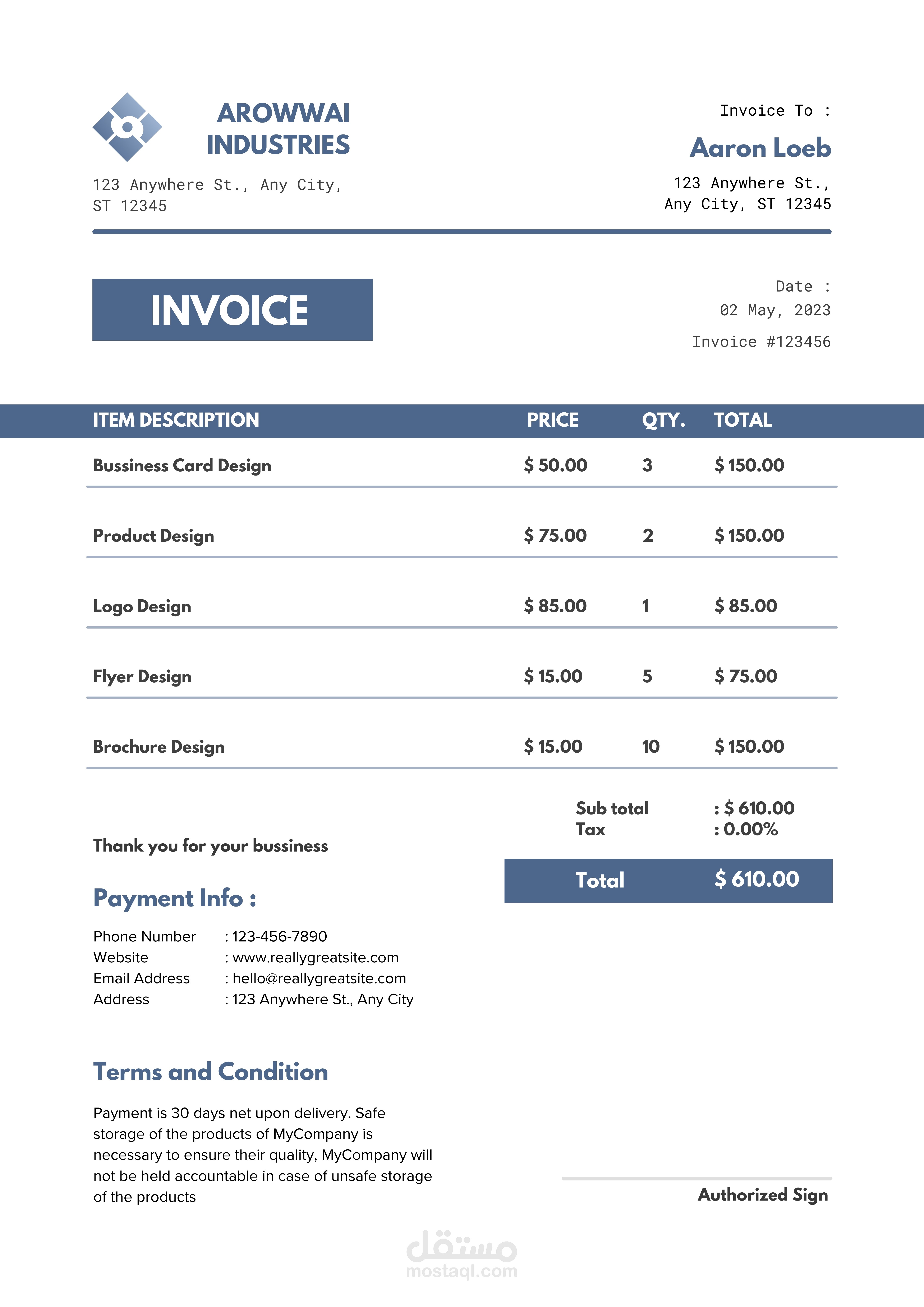 تصميم نموذج فاتورة احترافية للشركات (Invoice Template)
