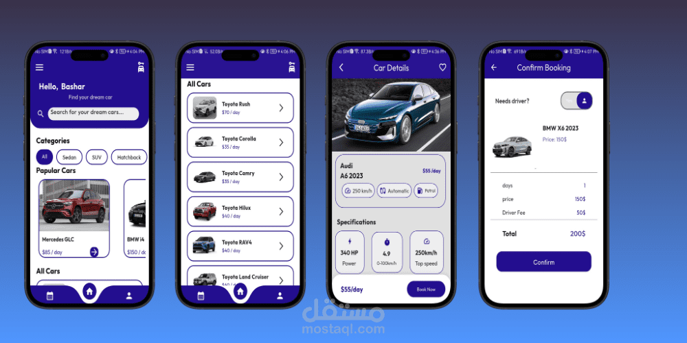 تطبيق موبايل ANDROID / IOS لشركة تاجير سيارات