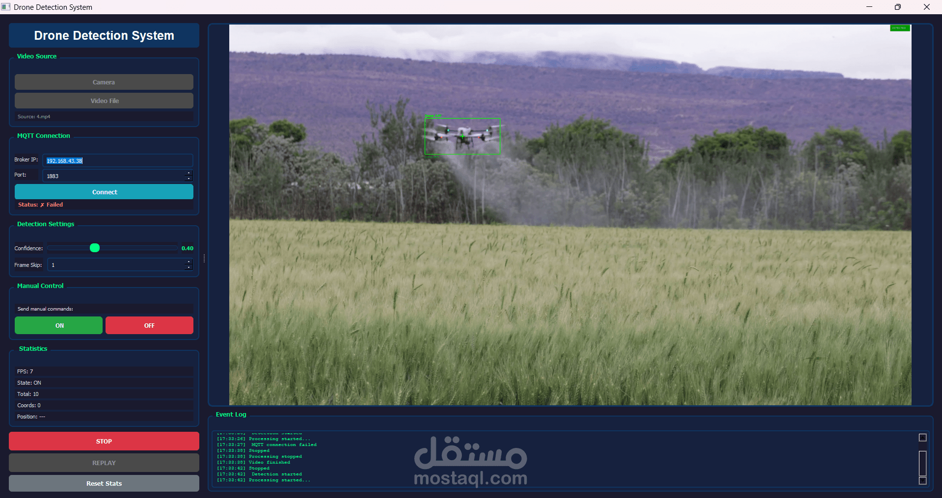 Real-Time Drone Detection and Physical Alert System , باستخدام تقنيات الذكاء الاصطناعي لمعالجة الصور والفيديوهات الحيه على الحاسوب , تم تطوير برنامج للتعرف على الدرون في الهواء الحي وربطه في سستم انذار فيزيائي