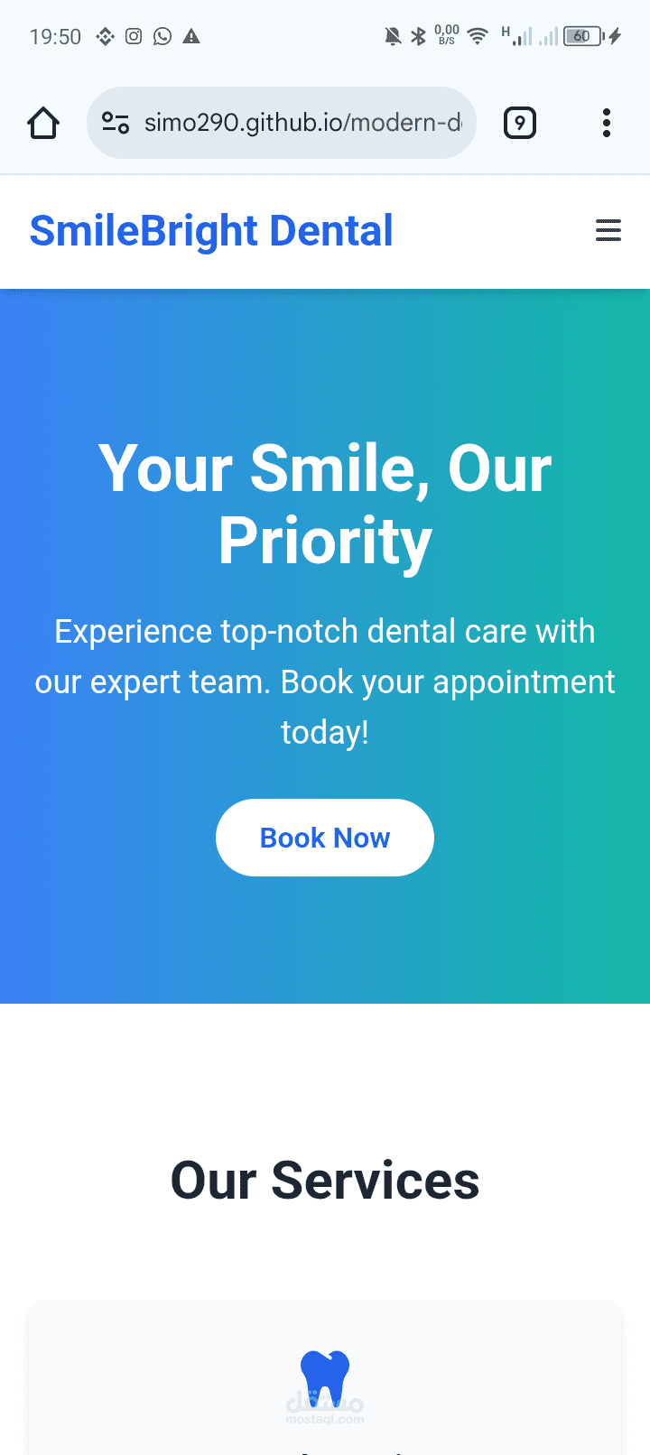 تصميم واجهة موقع "Modern Dental Clinic" لعيادة طب أسنان عصرية