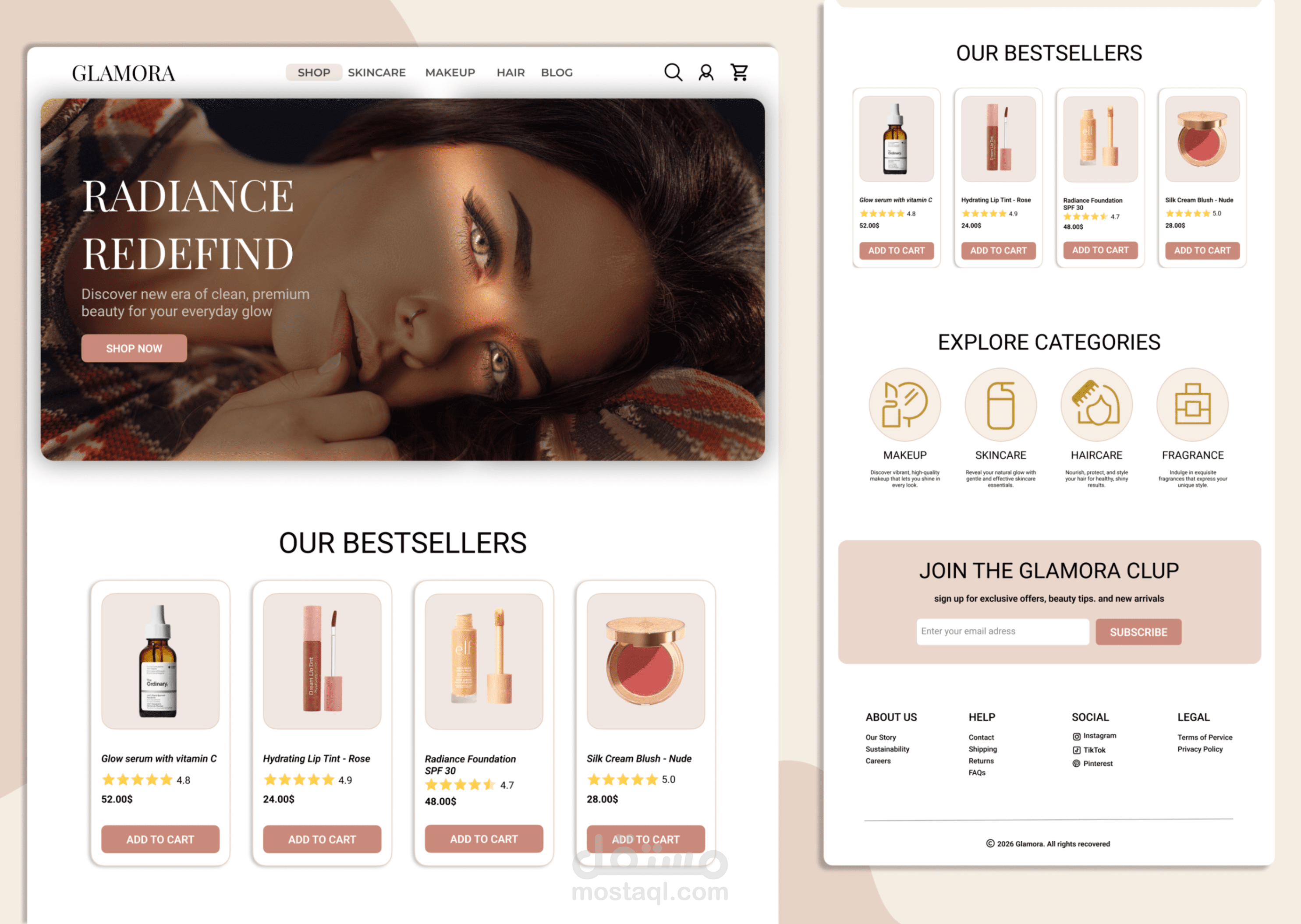 مشروع Glamora هو تصميم صفحة Landing Page لعرض وبيع منتجات مستحضرات التجميل.