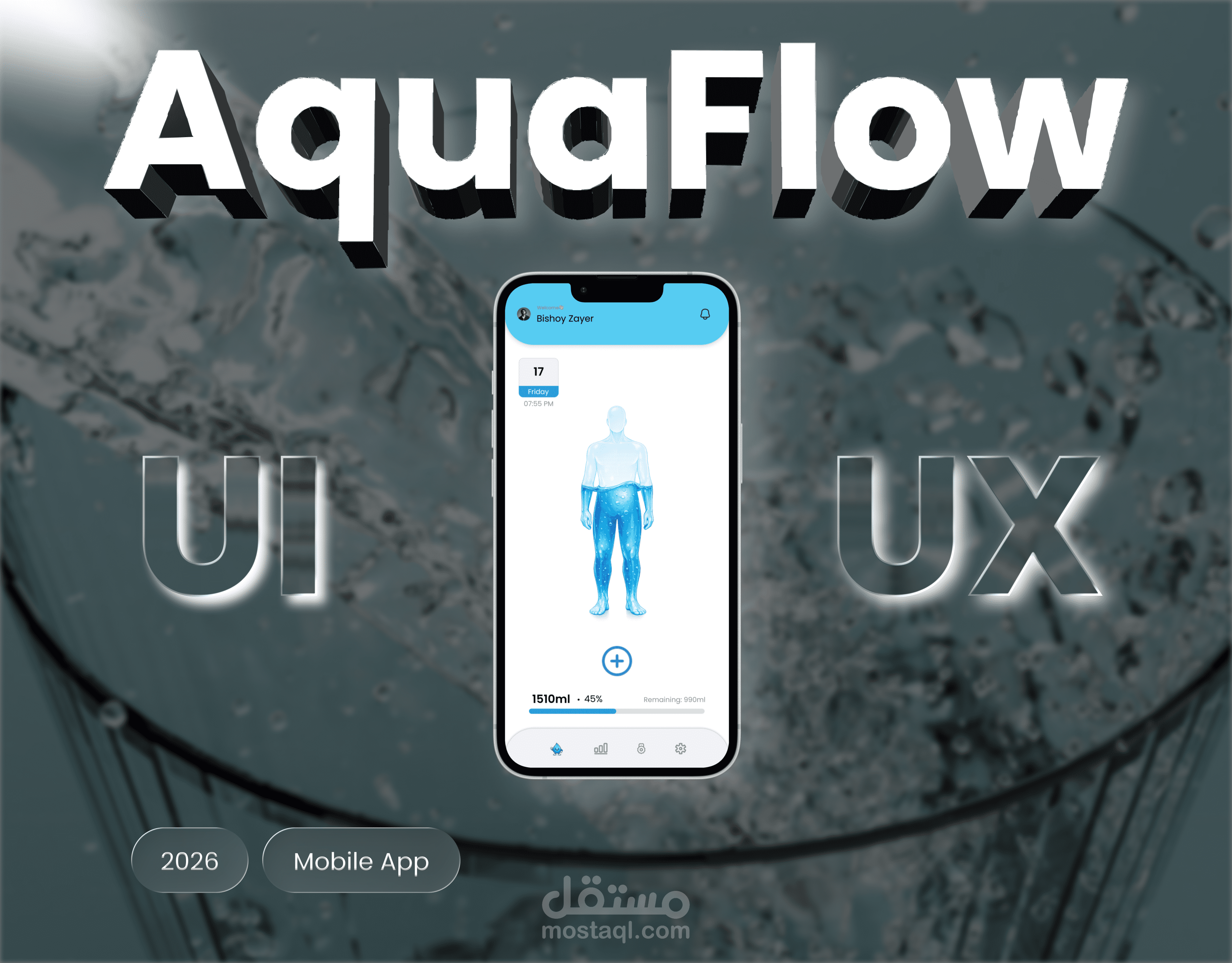 AquaFlow: (Water Traker)  هو تطبيق موبايل بيساعد المستخدمين يتابعوا كمية المياه اللي بيشربوها يوميا بطريقة سهلة وبسيطة