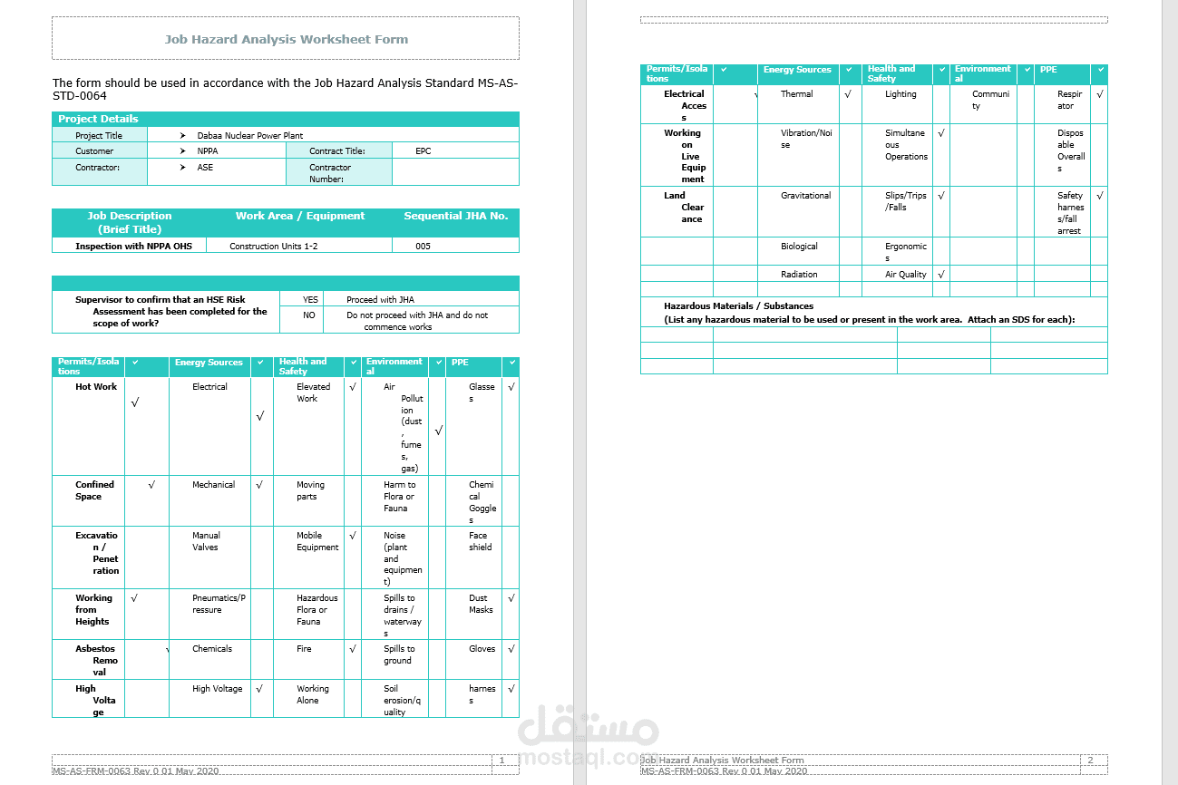 تصميم ومراجعة عمل نموزج لتقيم المخاطر للمواقع الانشائية.