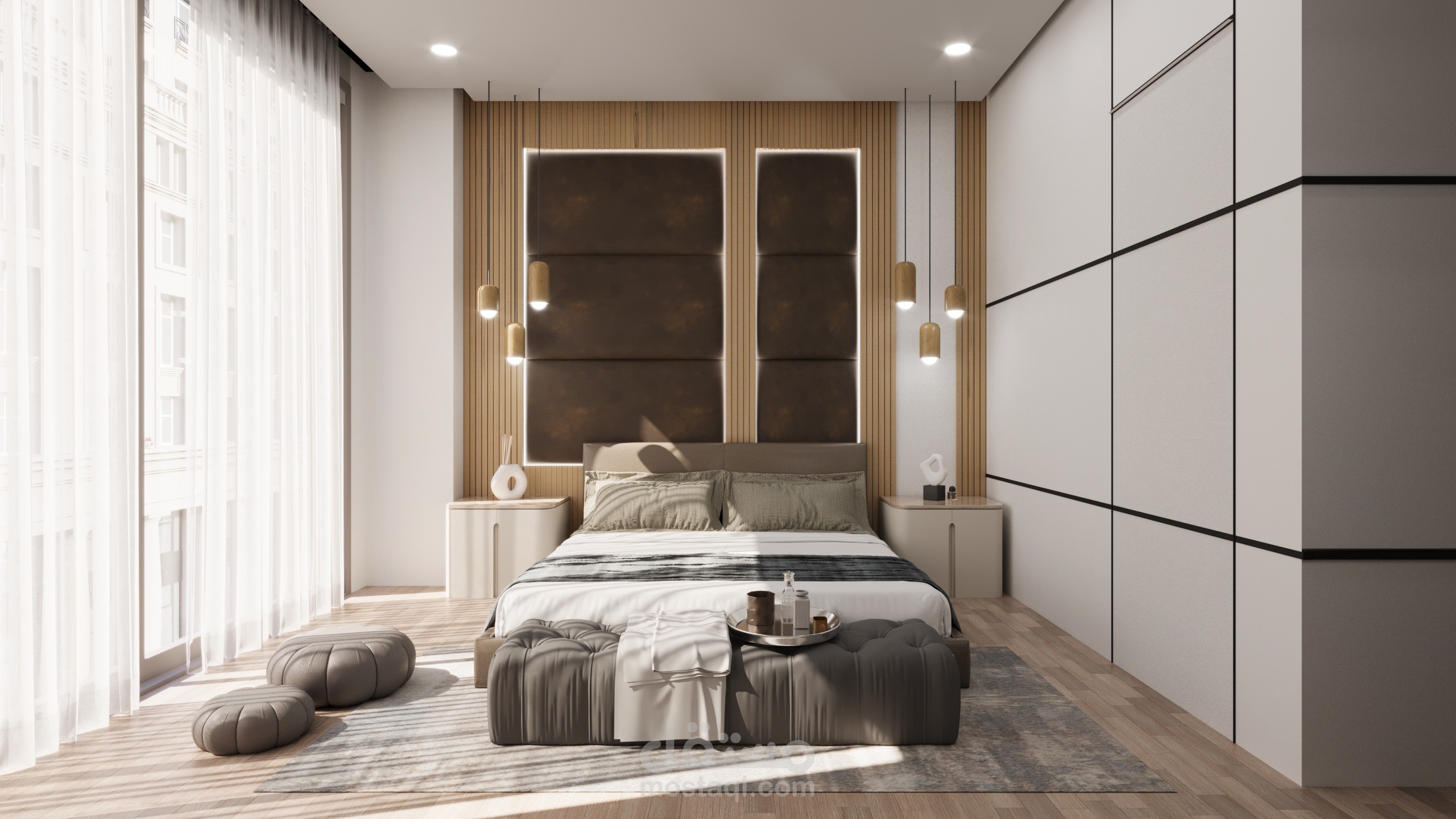 تصميم غرفة نوم مودرن بطابع هادئ وإضاءة دافئة