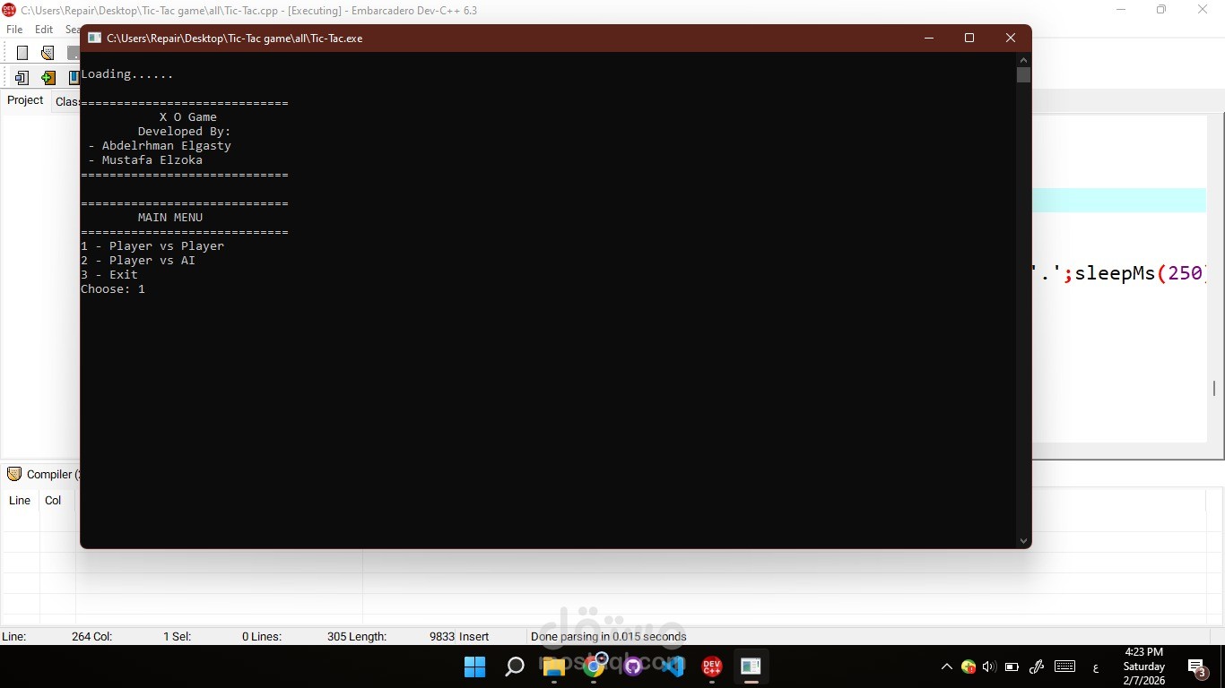 لعبة XO (Tic Tac Toe) تم تنفيذها كتمرين عملي على المنطق البرمجي، إدارة الحالات (Game States)، والتفاعل مع المستخدم.