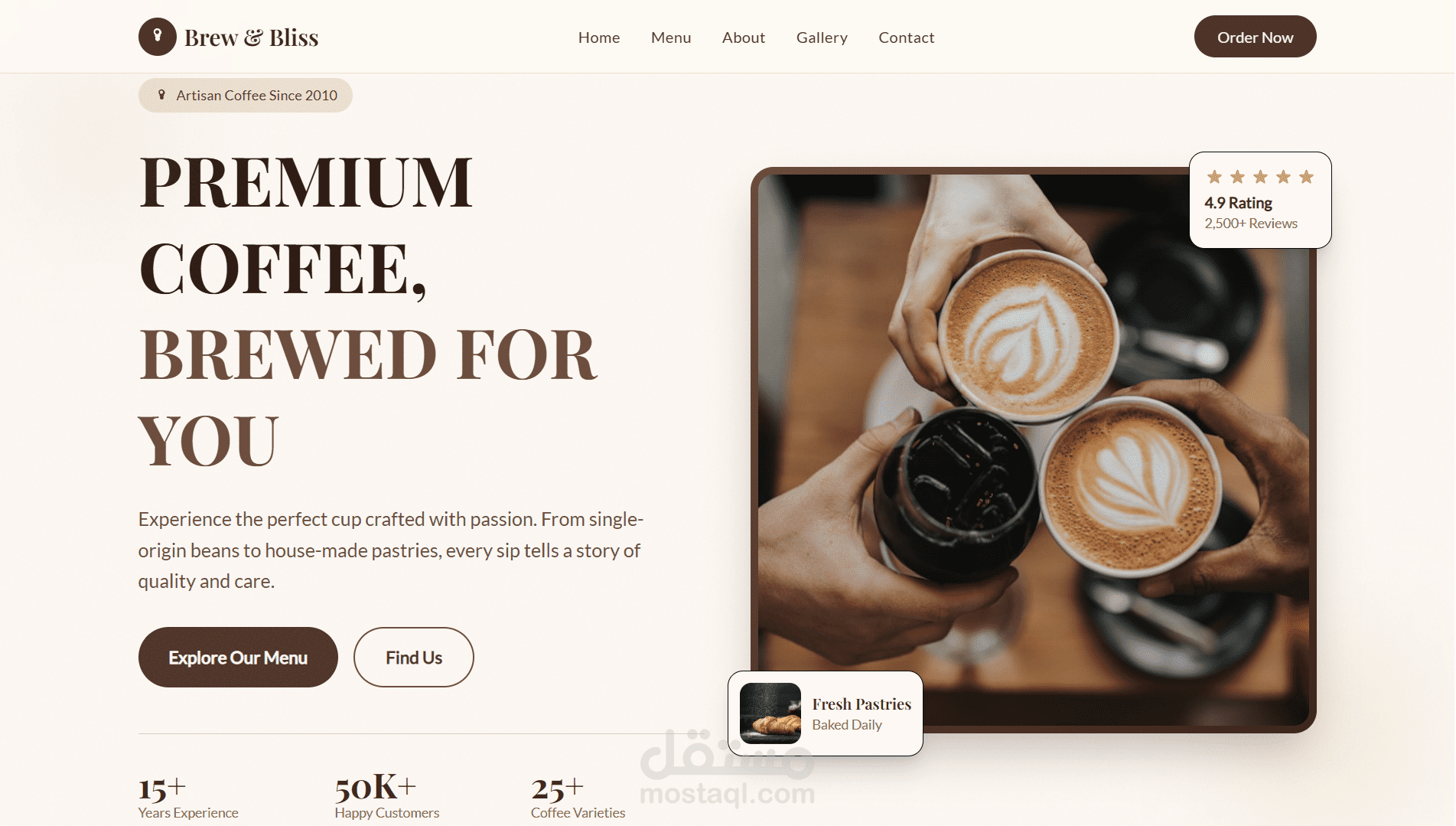 تصميم وتطوير موقع "Brew & Bliss" لمقهى عصري