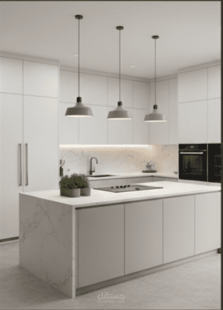 تصميم داخلي لمطبخ عصري بنظام "الجزيرة" واستغلال ذكي للمساحات.