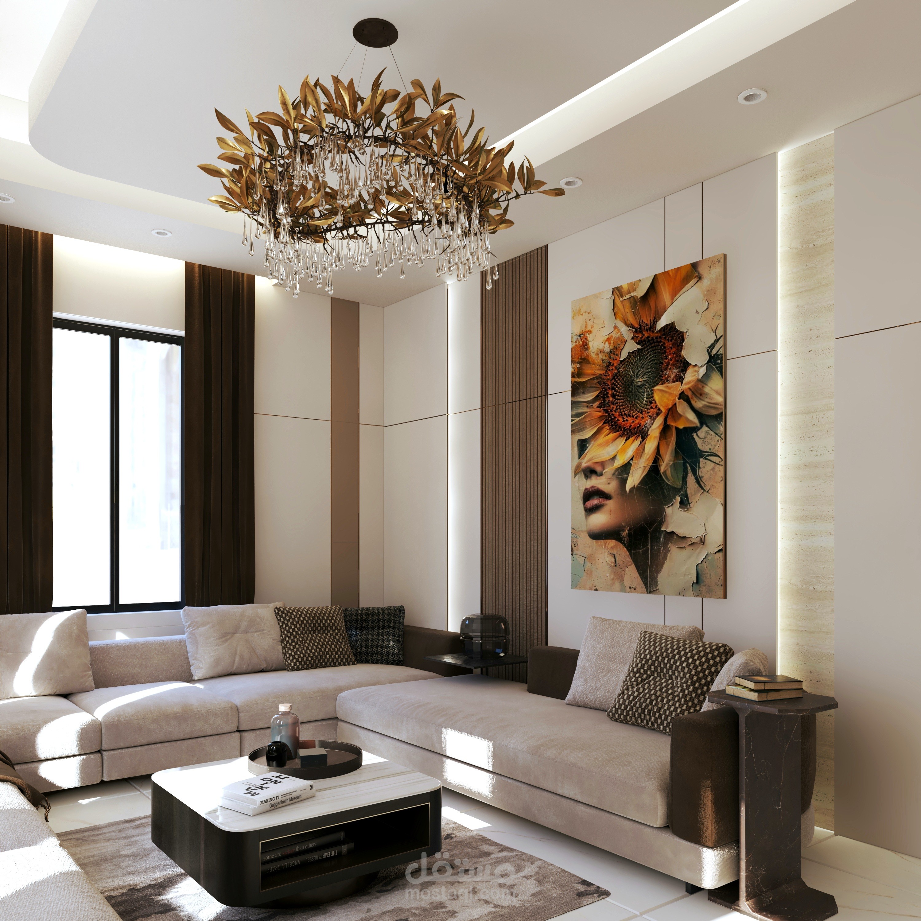 تصميم غرفة معيشة بطابع فاخر دافئ