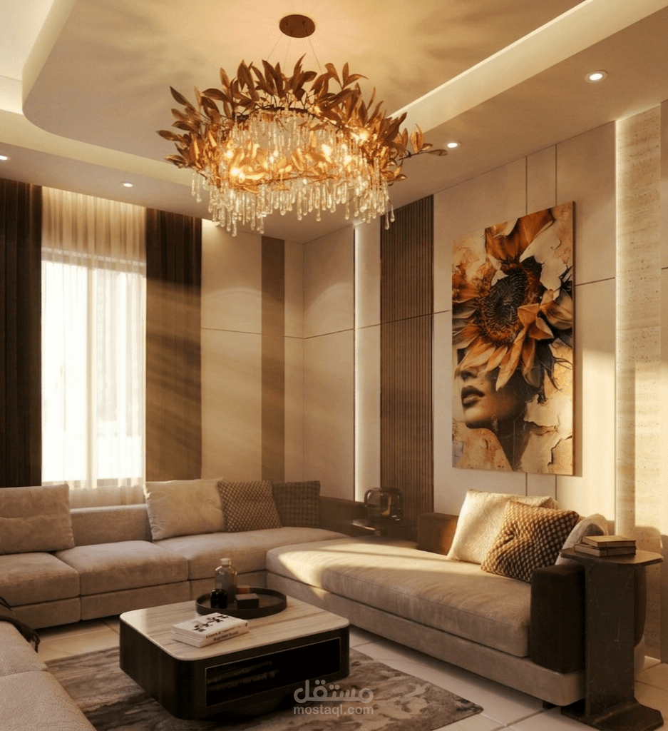 تصميم غرفة معيشة بطابع فاخر دافئ