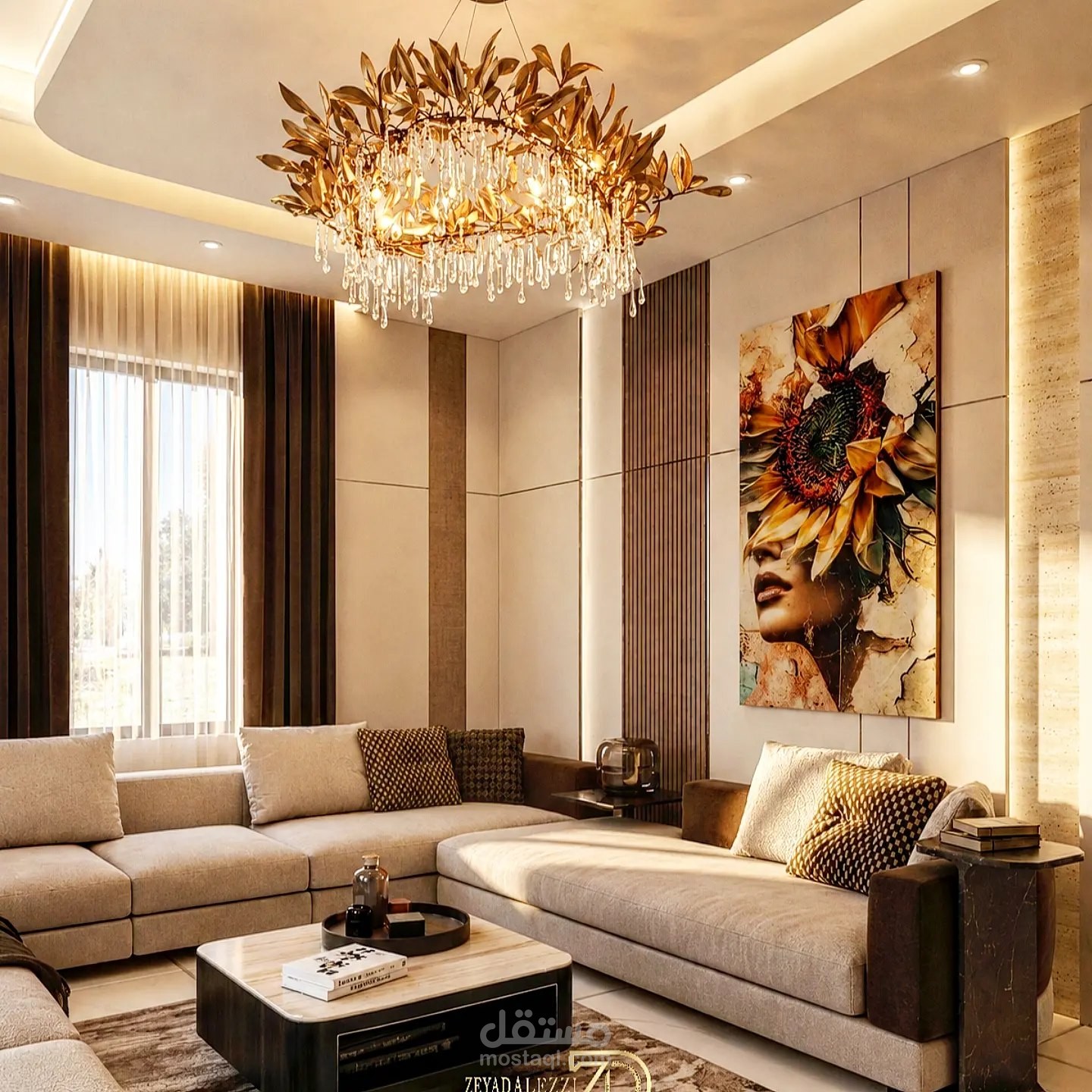 تصميم غرفة معيشة بطابع فاخر دافئ