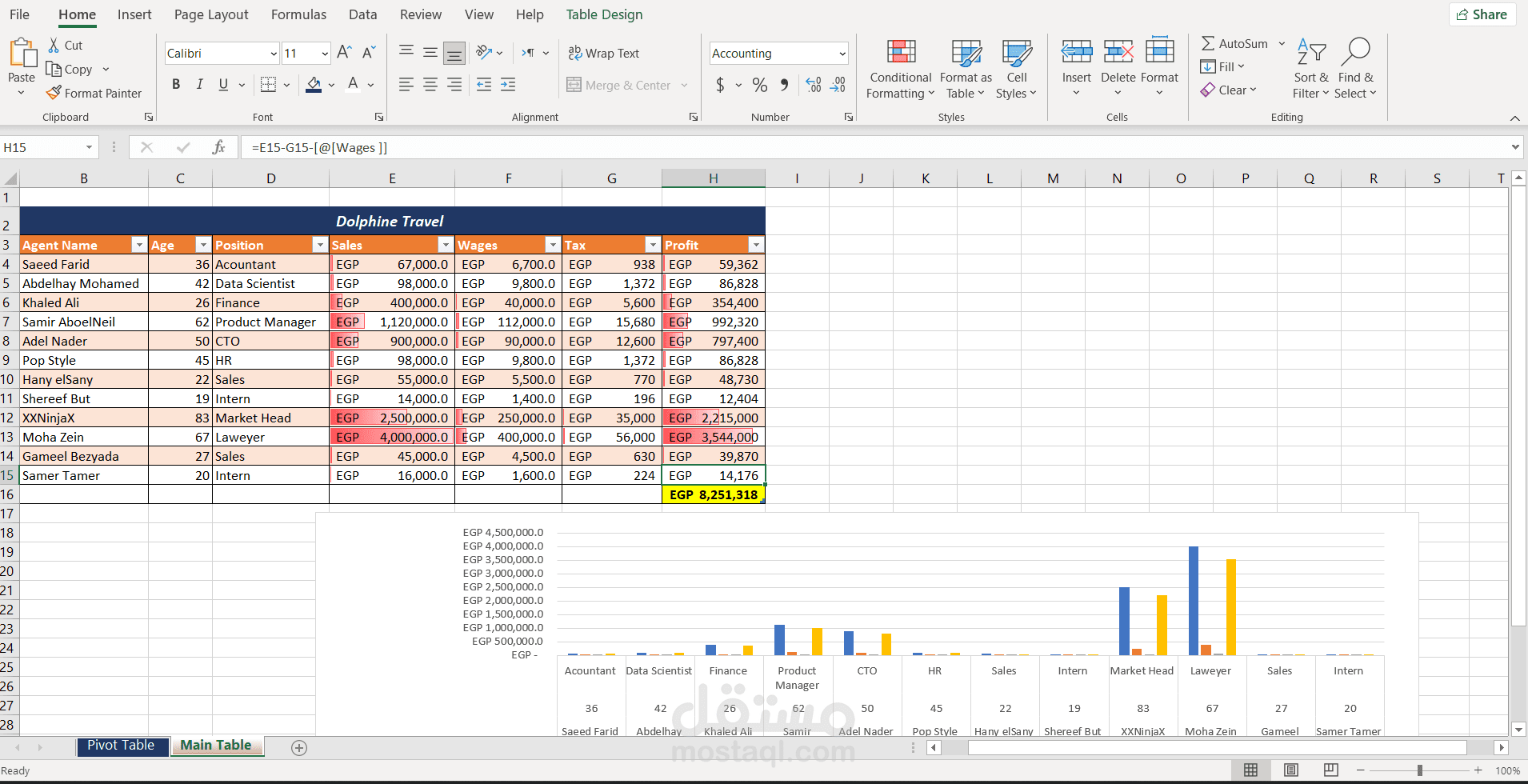 تصميم نموذج إكسيل احترافي لإدارة مبيعات وأرباح الموظفين (Dolphine Travel)