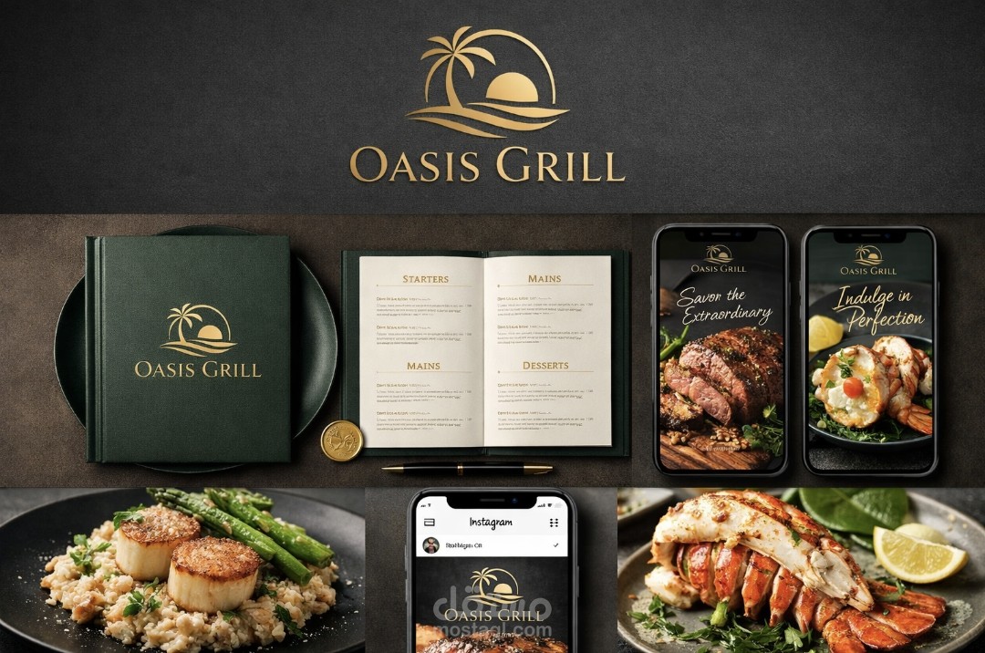 تصميم الهوية البصرية المتكاملة لمطعم أويسس جريل.Integrated visual identity design for Oasis Grill restaurant.