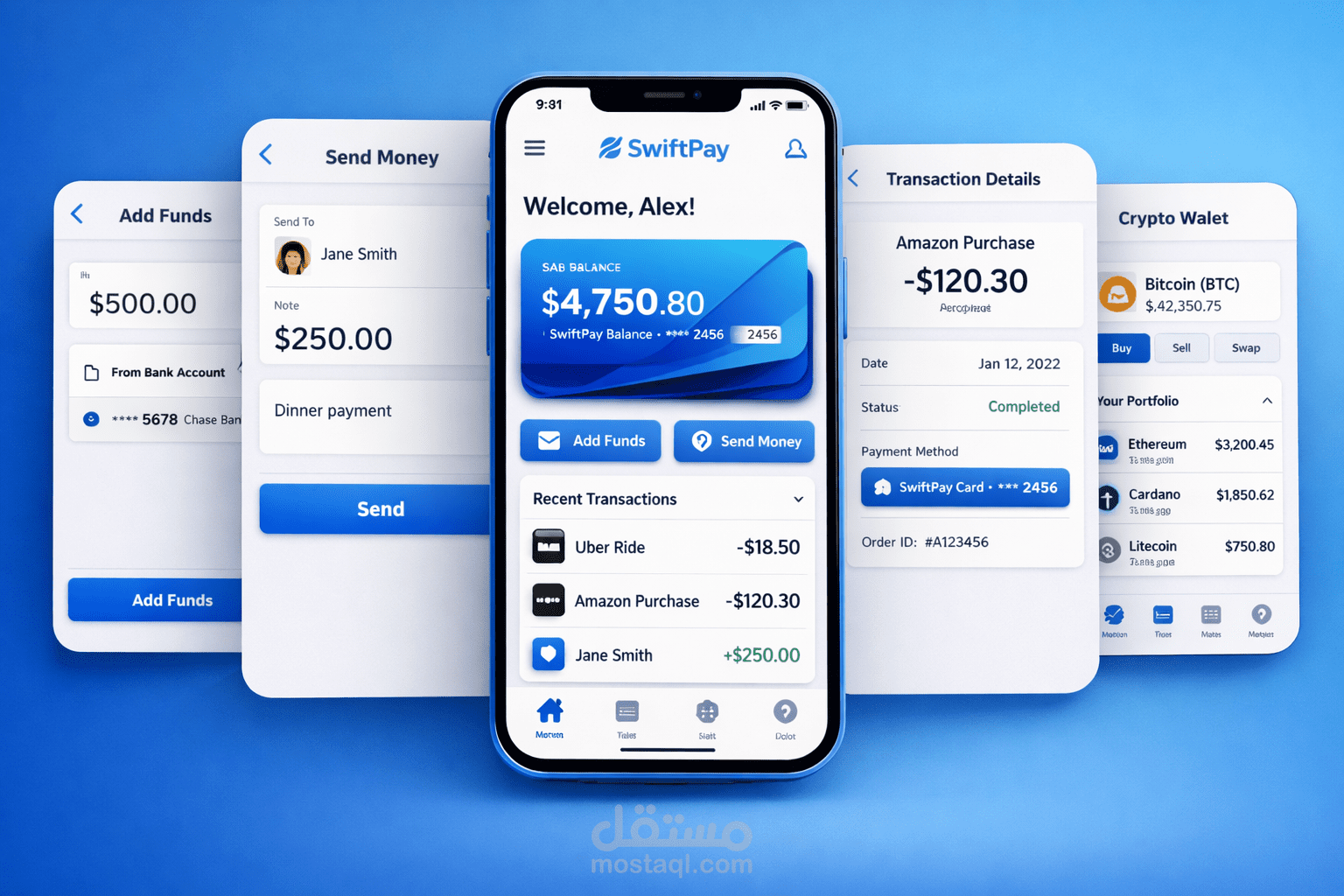 تصميم واجهة وتجربة المستخدم (UI/UX) لتطبيق SwiftPay المالي SwiftPay - Fintech Mobile App UI/UX Design