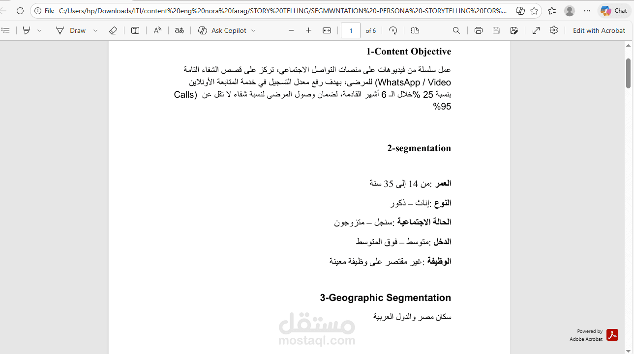 تحديد الشرائح المستهدفه  و اعداد البيرسونا وستورى تيلنج