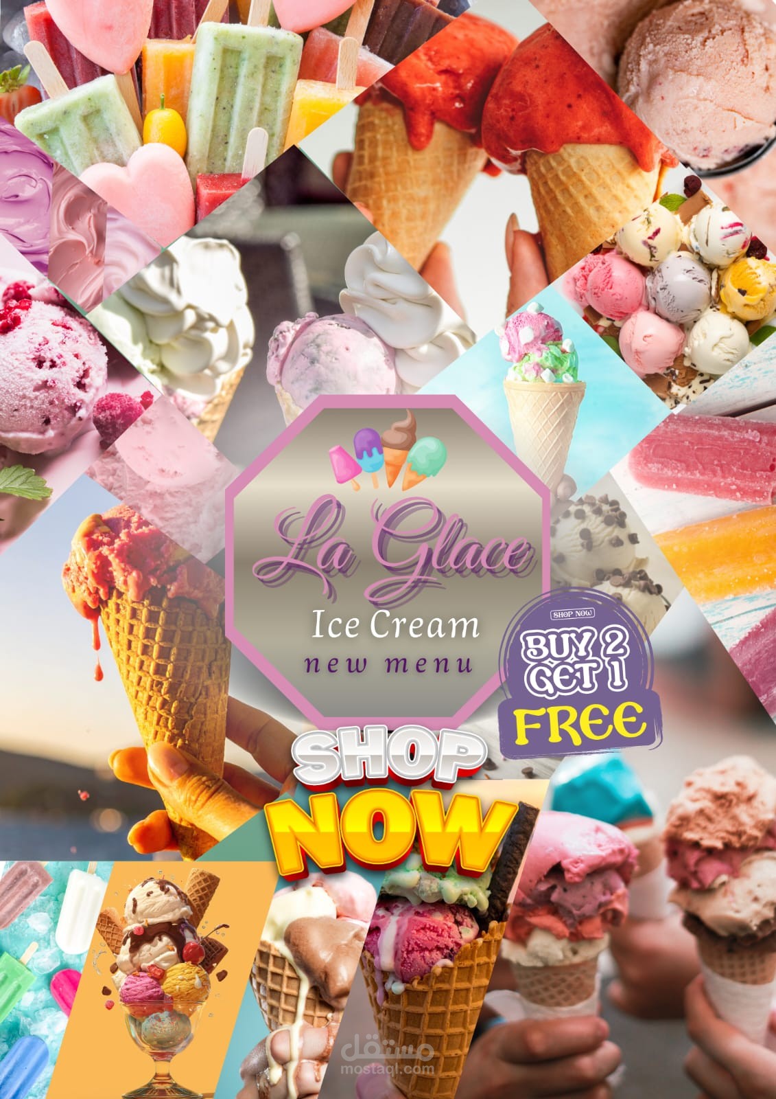 ده بوست إعلاني تسويقي (Promotional Social Media Post) لماركة آيس كريم La Glace Ice Cream (يعني "الجليد" بالفرنسية، وده يعطي إحساس فخم وفرنسي). نوع البوست: نوعه: Carousel Post أو Collage Post (مجموعة صور متعددة في بوست واحد).