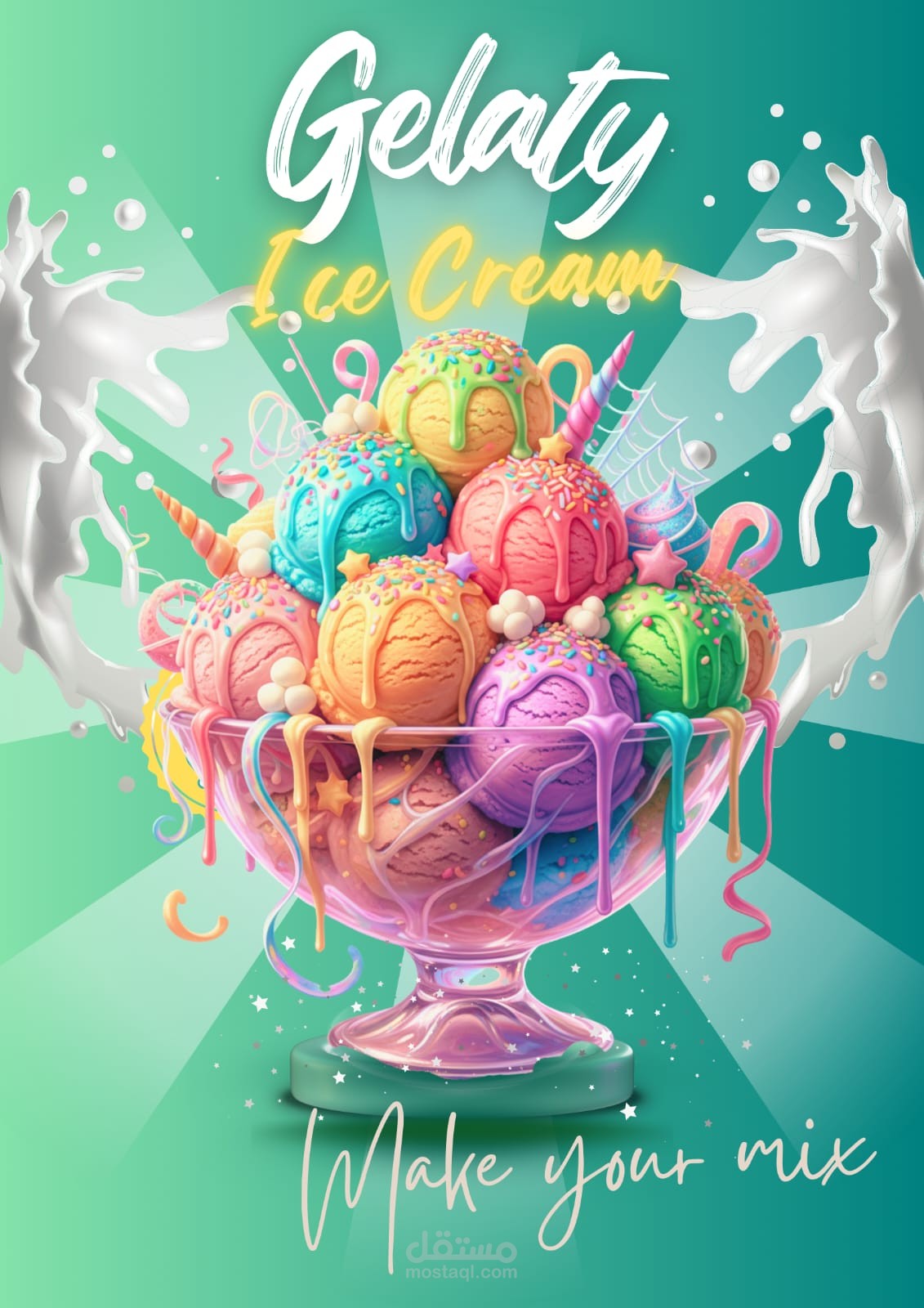 "تصميم بوست إعلاني تسويقي مبهج ومليان طاقة لماركة آيس كريم اسمها Gelataty Ice Cream