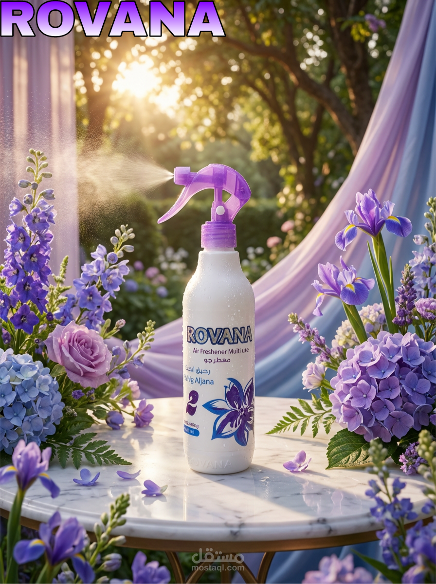 تصميم بوستر إعلاني إبداعي لمعطر جو (Rovana) برائحة الطبيعة والزهور
