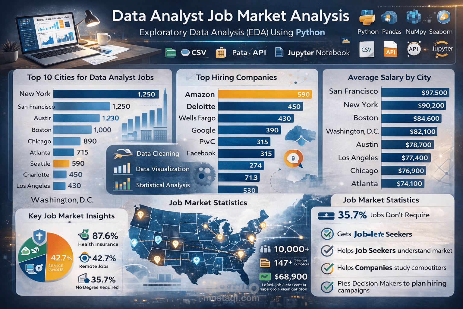 تحليل سوق وظائف Data Analyst في أمريكا باستخدام Python مع تصور بيانات احترافي ودراسة المزايا والرواتب