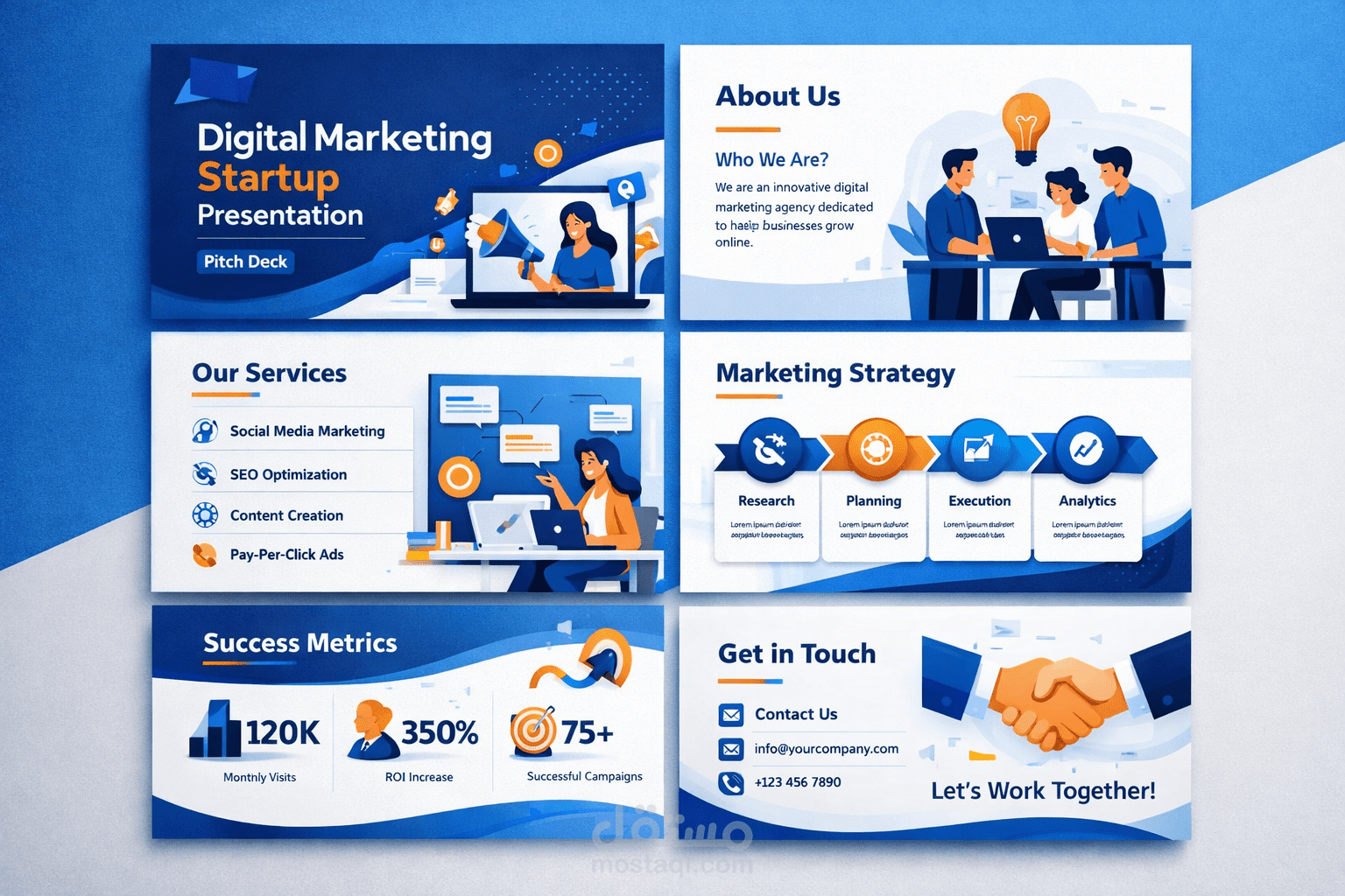 تصميم عرض تقديمي (Pitch Deck) لشركة تسويق رقمي ناشئة