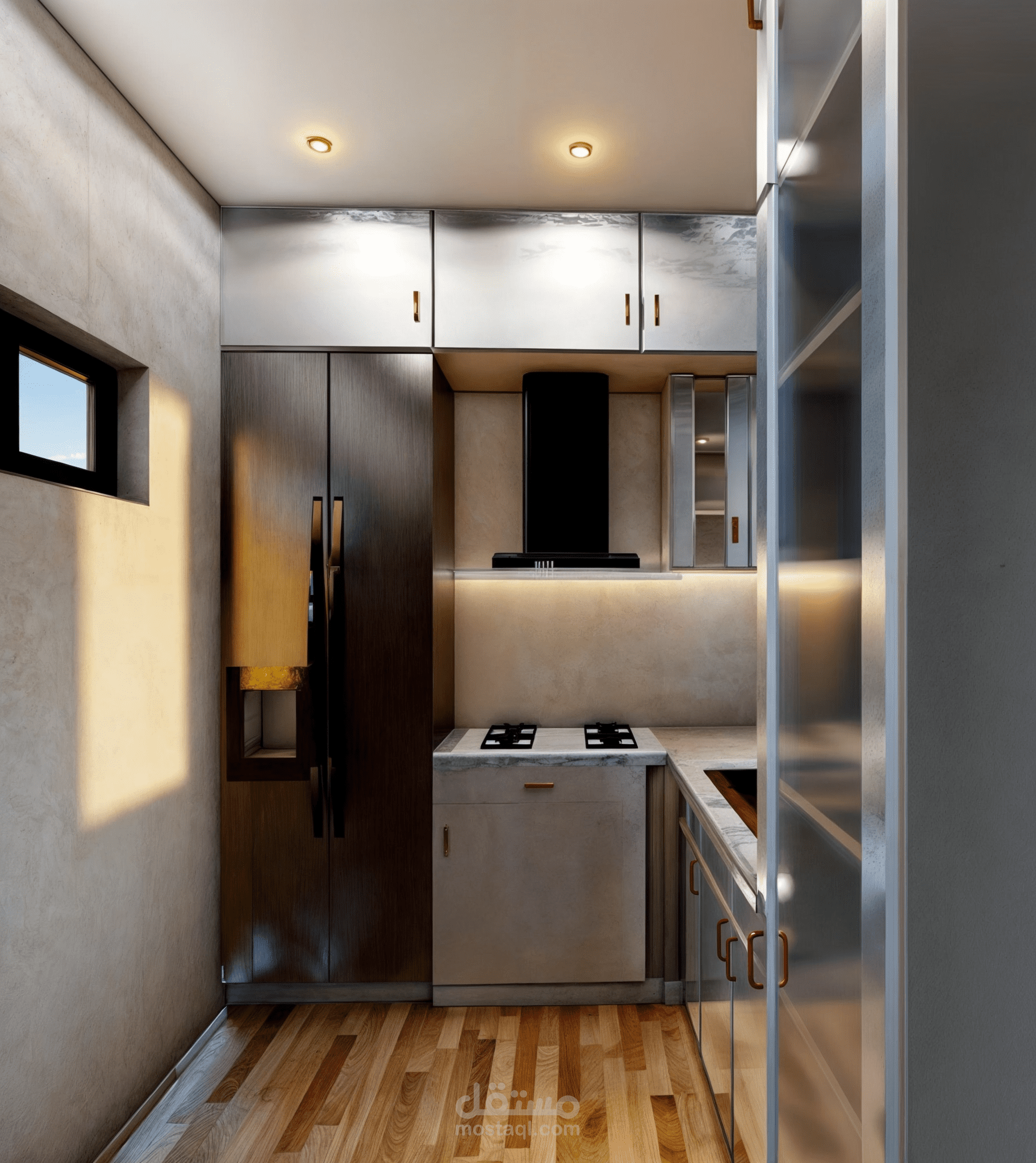 تصميم داخلي لمطبخ سكني حديث بمساحة صغيرة