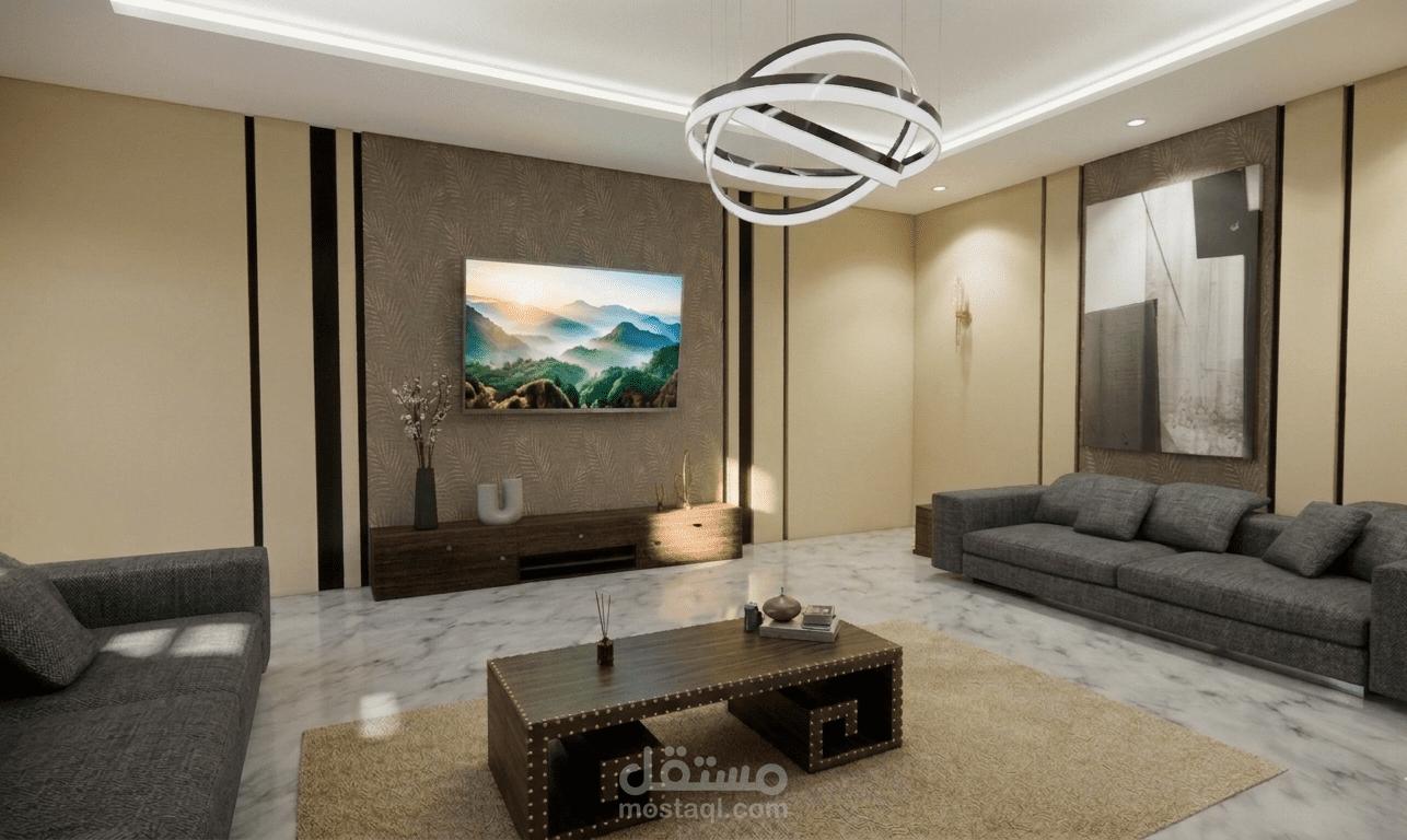 تصميم داخلي لغرفة معيشة مودرن بنمط عصري فاخر