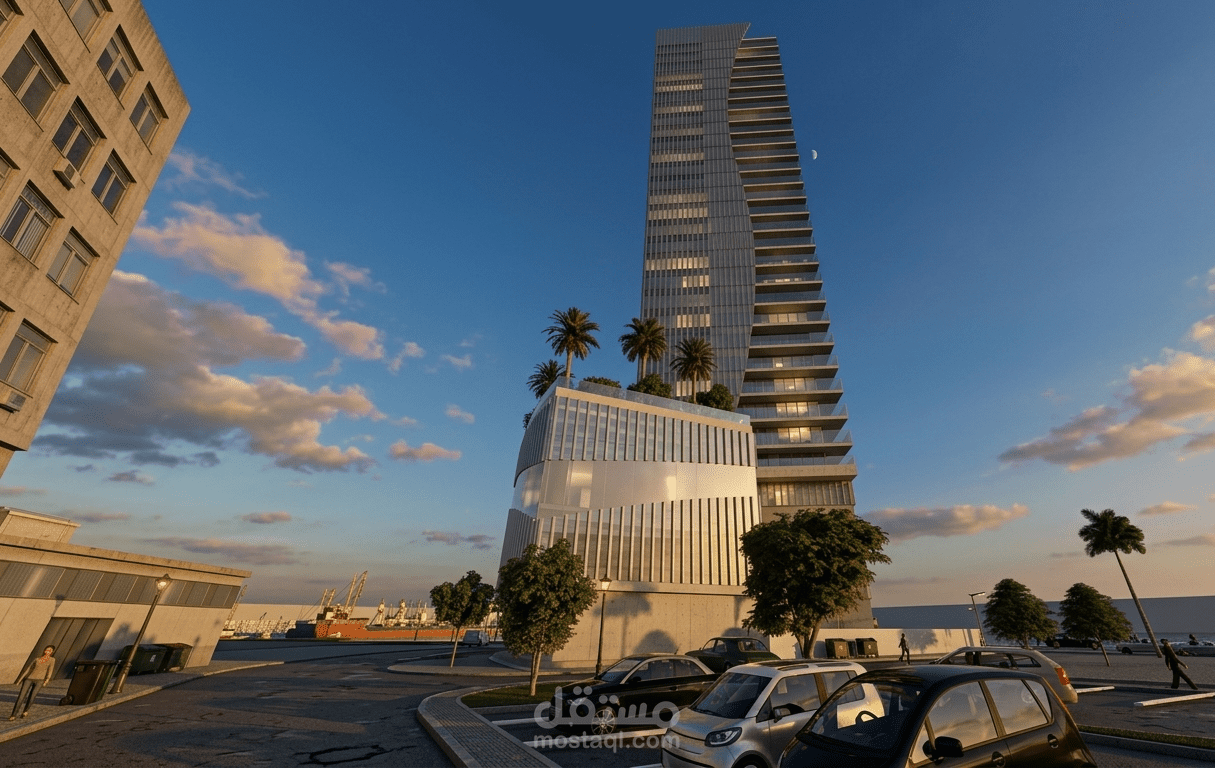 تصميم معماري وإظهار احترافي لبرج فندقي سياحي بموقع ساحلي مميز