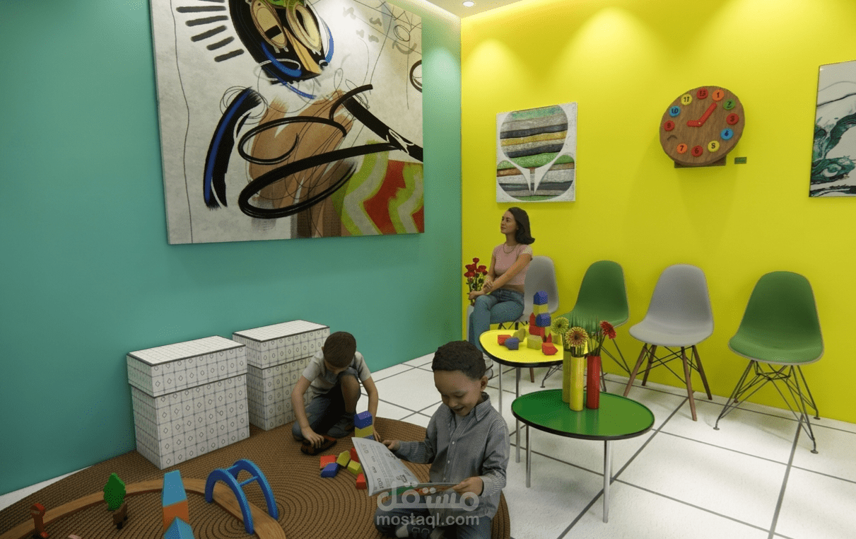 تصميم داخلي وإظهار معماري لغرفة انتظار بروضة أطفال (Daycare Waiting Room Design)