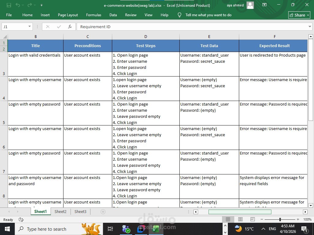 تصميم وتنفيذ Test Cases لنظام تسجيل الدخول (Login System Testing) e-commerce (swag lab)