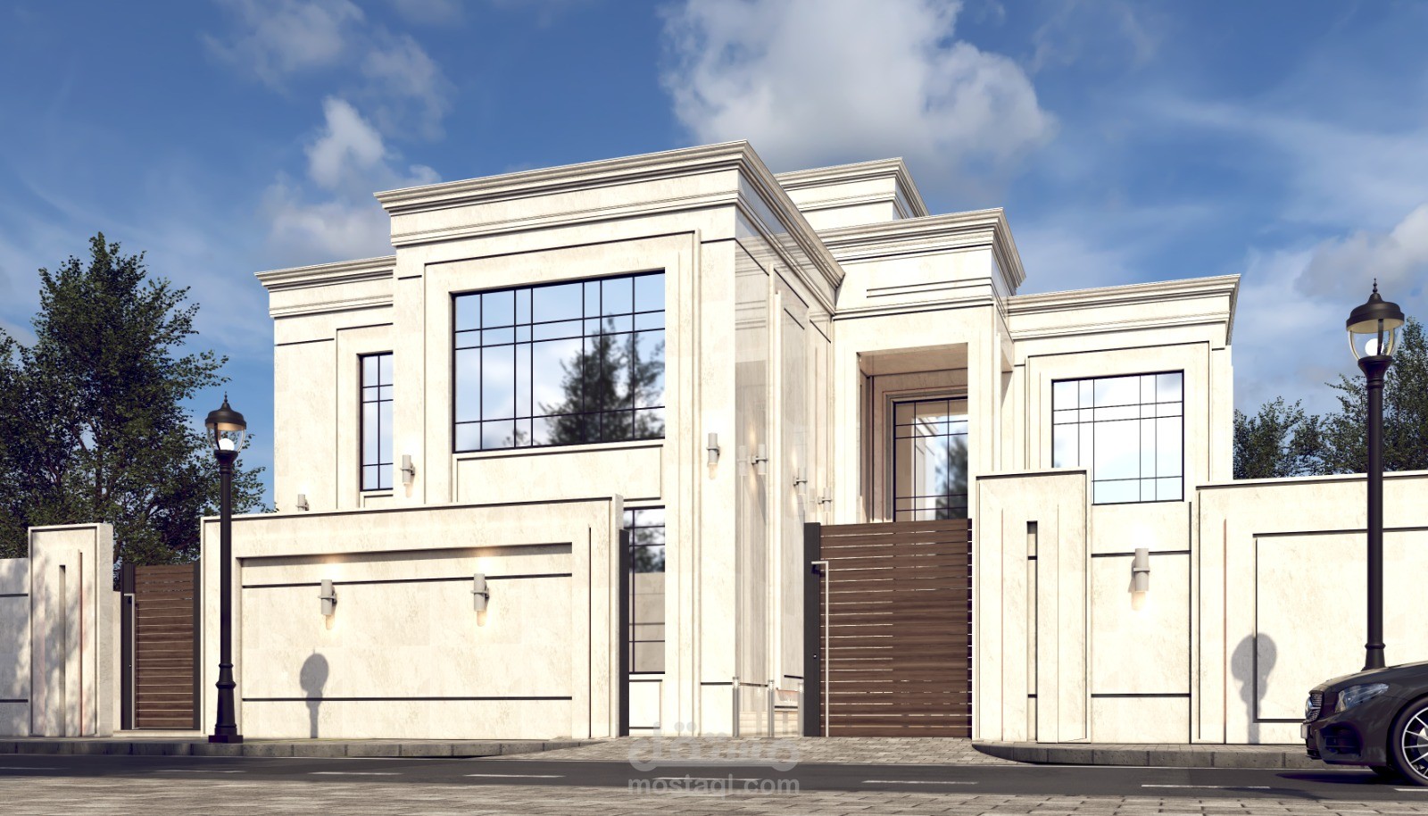 تصميم واجهة فيلا نيو كلاسيك فاخرة – منظر خارجي ثلاثي الأبعاد واقعي يظهر الفخامة والتفاصيل المعمارية بدقة عالية