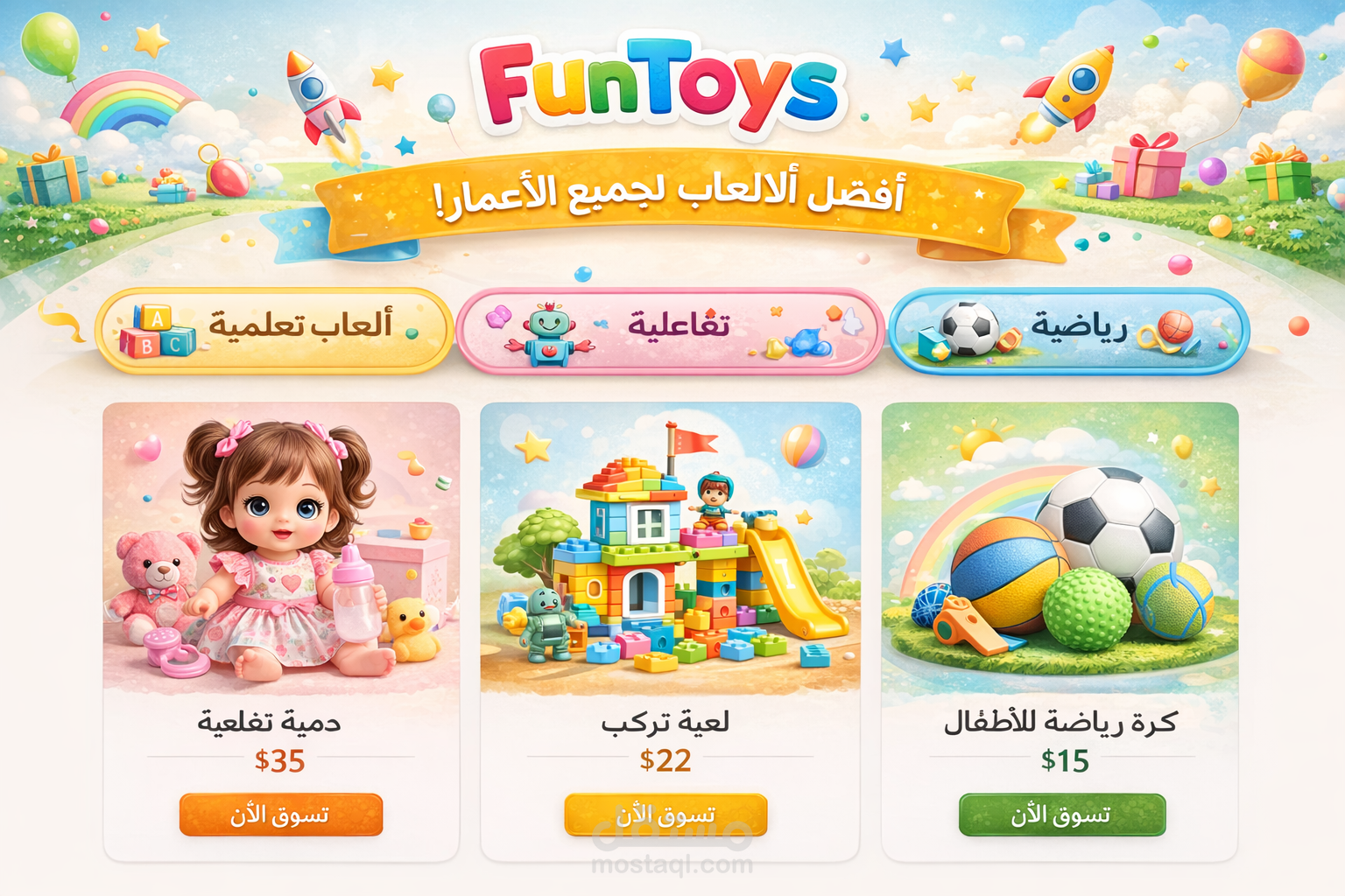 تصميم واجهة متجر إلكتروني مبتكرة لألعاب الأطفال (FunToys)