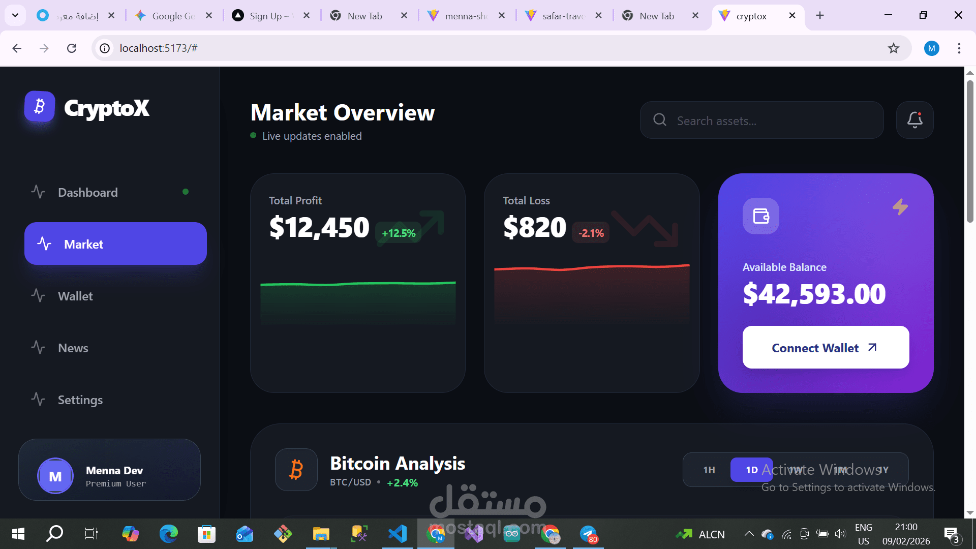 لوحة تحكم احترافية للعملات الرقمية (Crypto Dashboard) بوضع ليلي