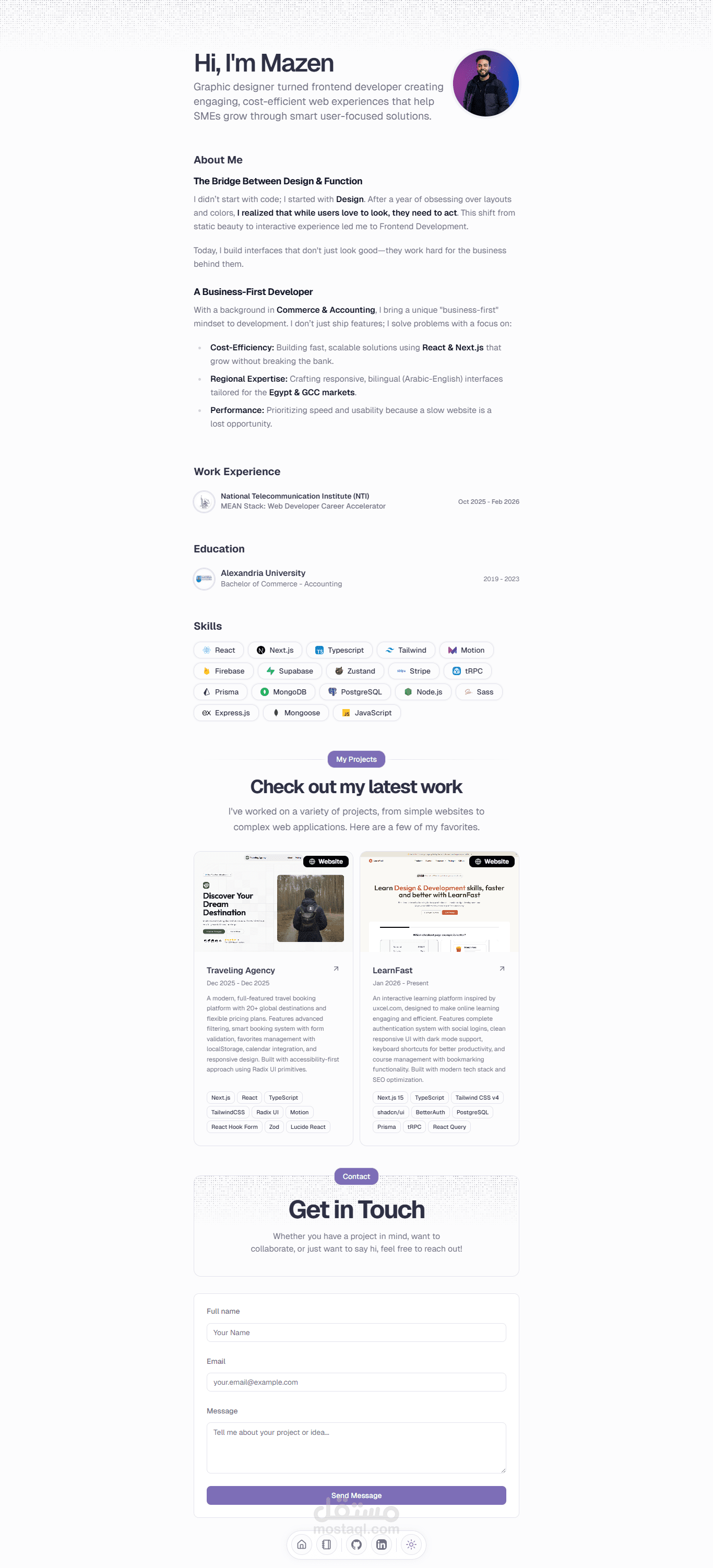 تطوير موقع معرض أعمالي الشخصي (Interactive Portfolio) بنظام الـ Dark Mode