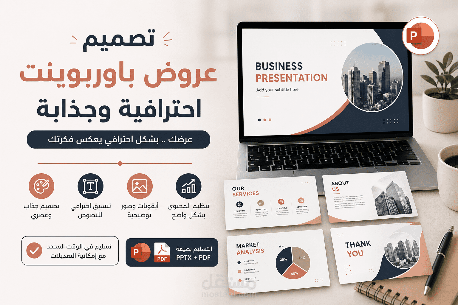 تصميم عروض باوربوينت احترافية وجذابة لأي مجال (Business – Academic – Marketing)
