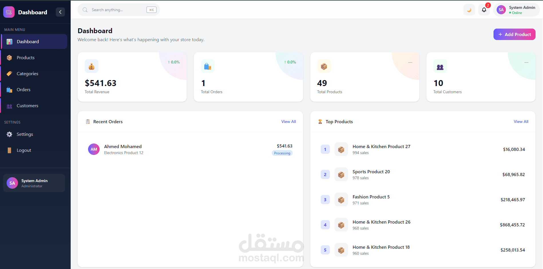 منصة تجارة إلكترونية متكاملة (متجر تفاعلي + لوحة تحكم الإدارة)