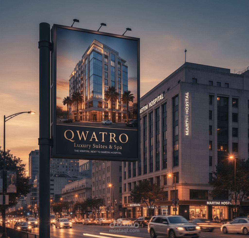تصميم لوحة إعلانية خارجية (Outdoor) لفندق "QWATRO" الفاخر. تصميم هوية تجارية وواجهة لمركز "QATNO" لصيانة السيارات.