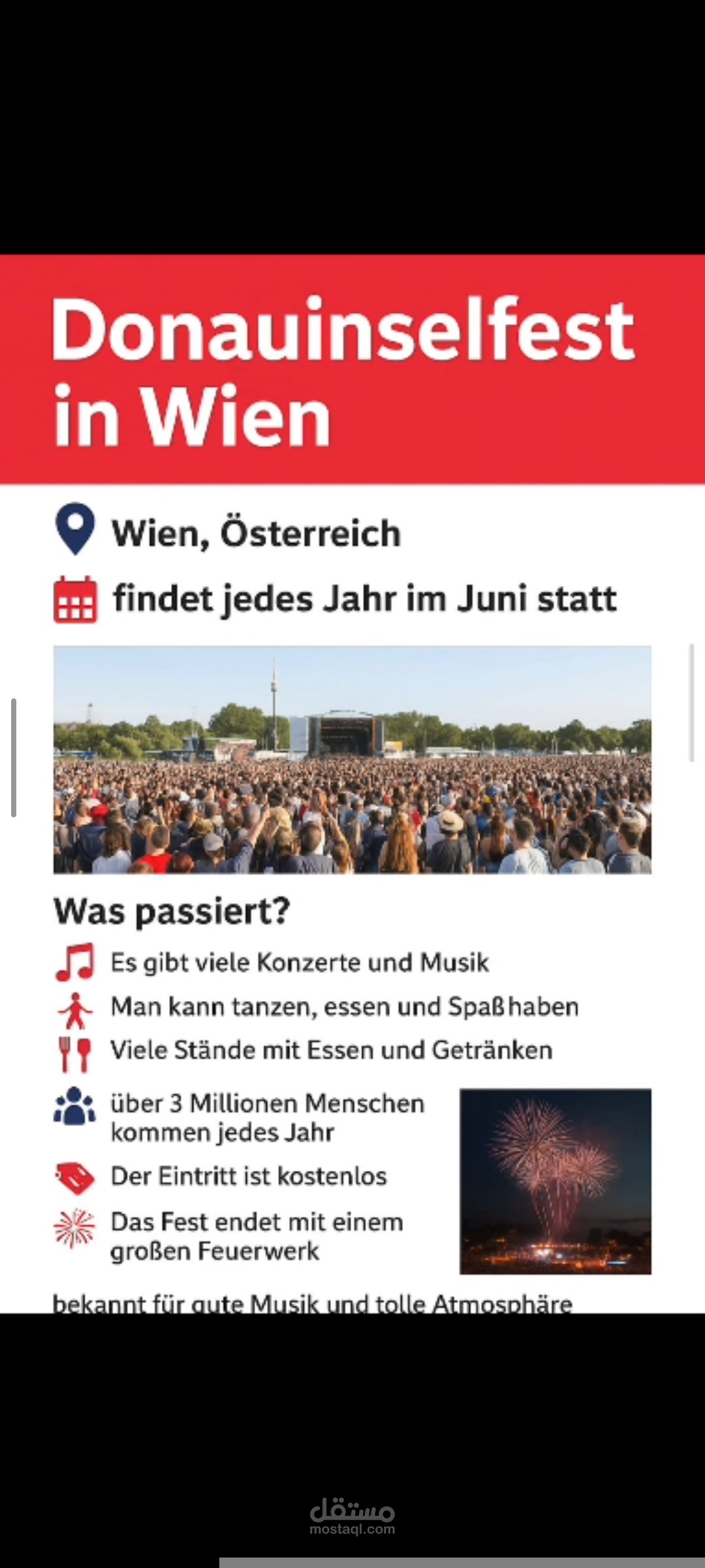 عرض تقديمي باللغة الألمانية حول فعالية ". Donauinselfest in Wien  قمت بإعداده وتنظيم محتواه بشكل احترافي مع مراعاة الدقة اللغوية وتنسيق الشرائح بشكل جذاب وواضح.