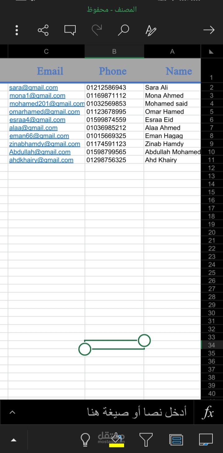 نموذج إدخال بيانات وتنظيمها علي Excel