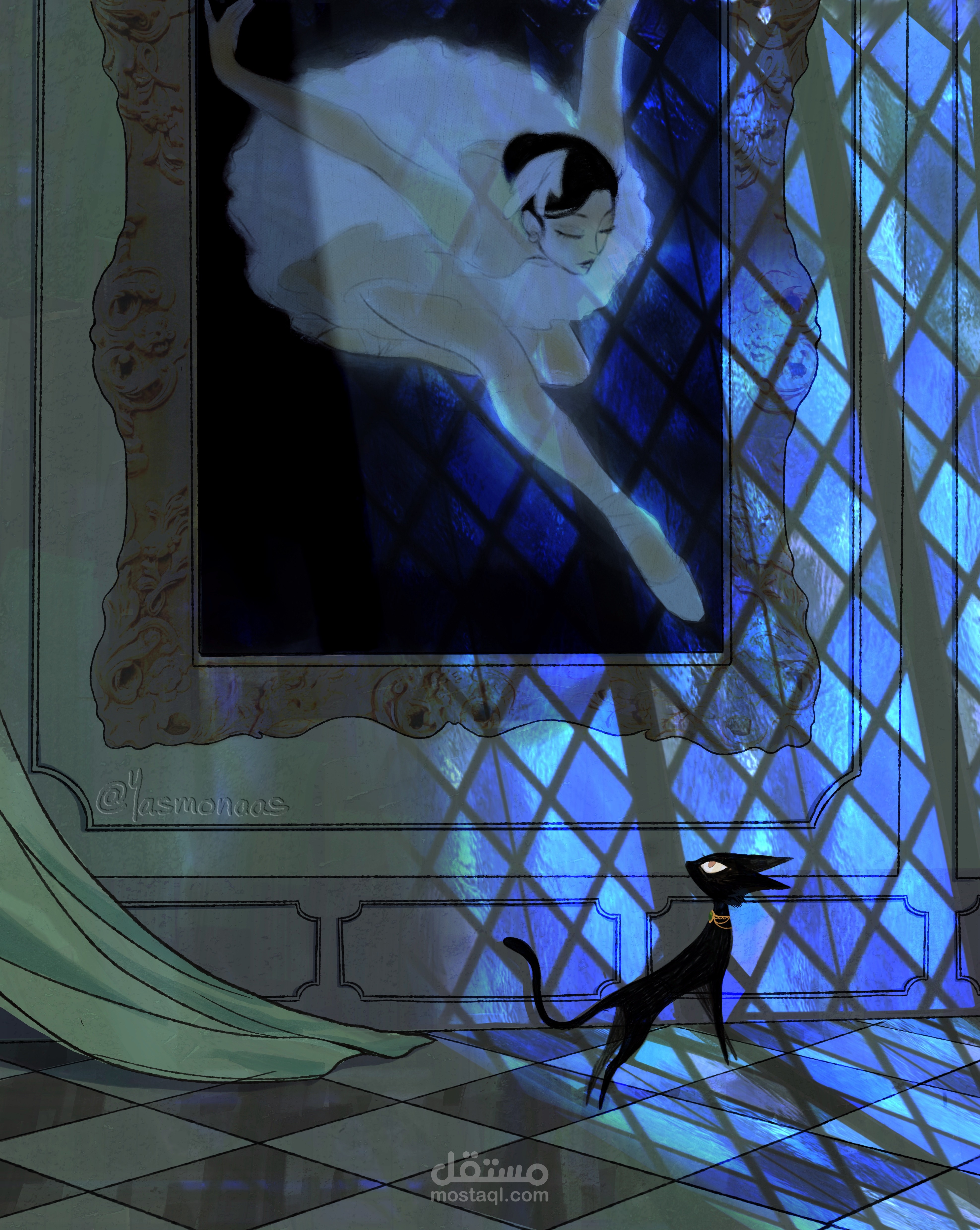 رسم توضيحي رقمي (Digital Illustration) مخصص لغلاف أو مشهد داخلي لرواية