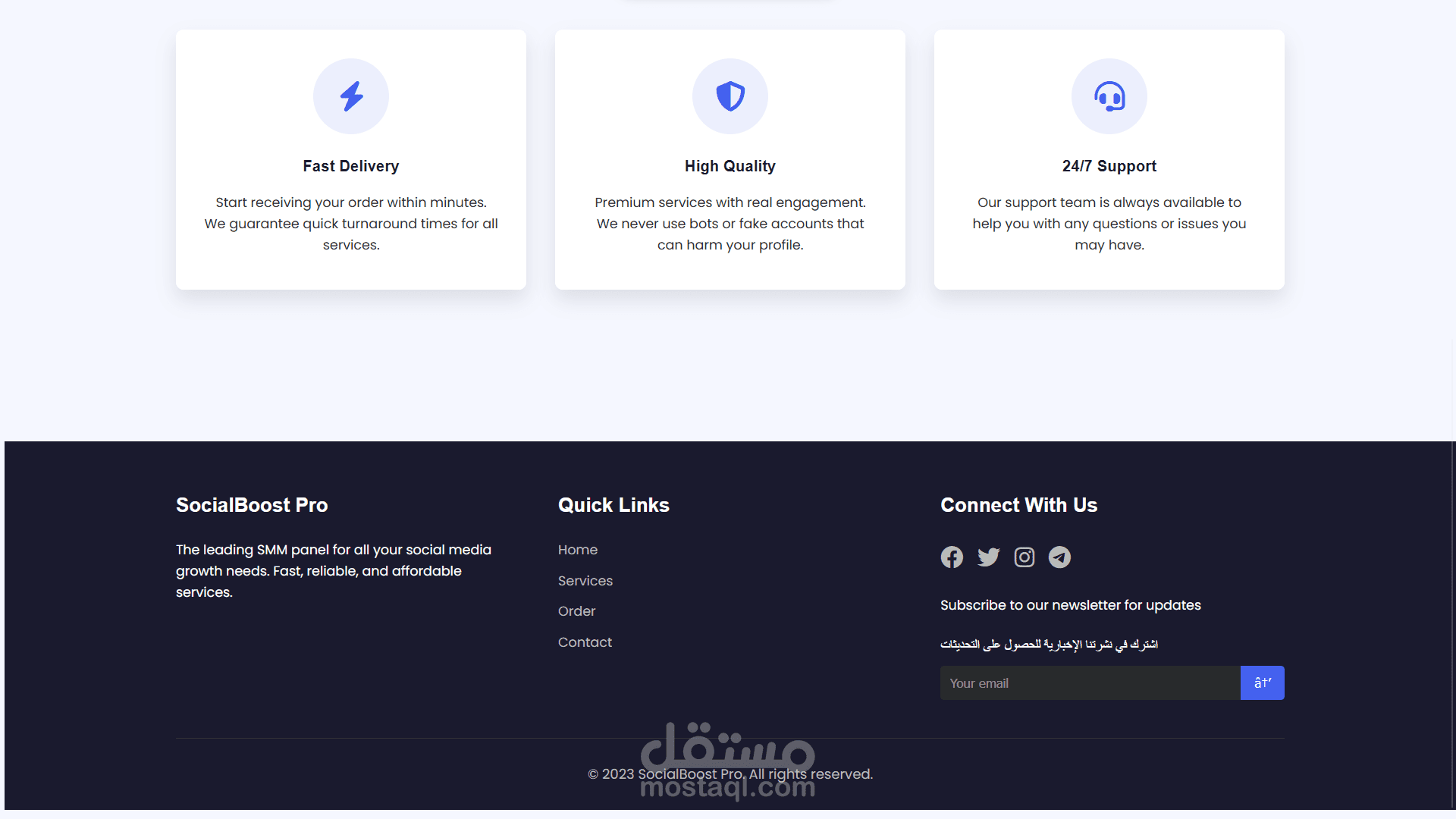 professional, user-friendly SMM Panel website template, available in Arabic and English, with a clear homepage, services page, order page, and contact page.