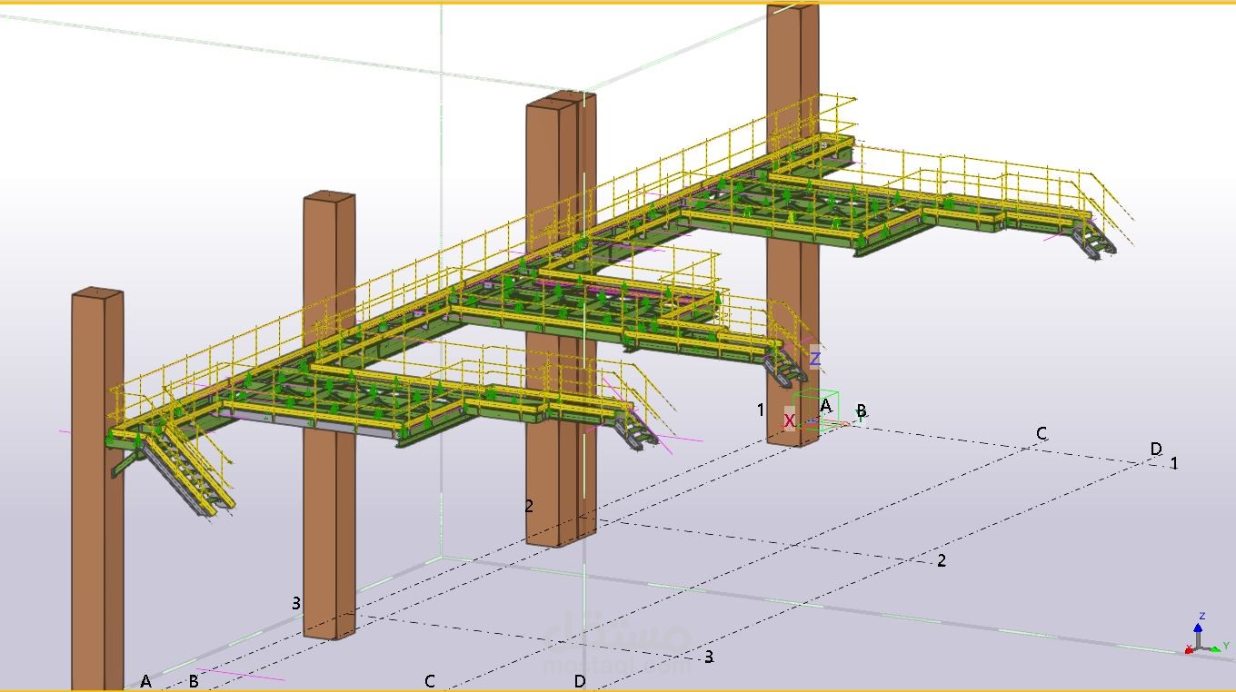 منصة معدنية صناعية متعددة المستويات مدعومة بأعمدة خرسانية