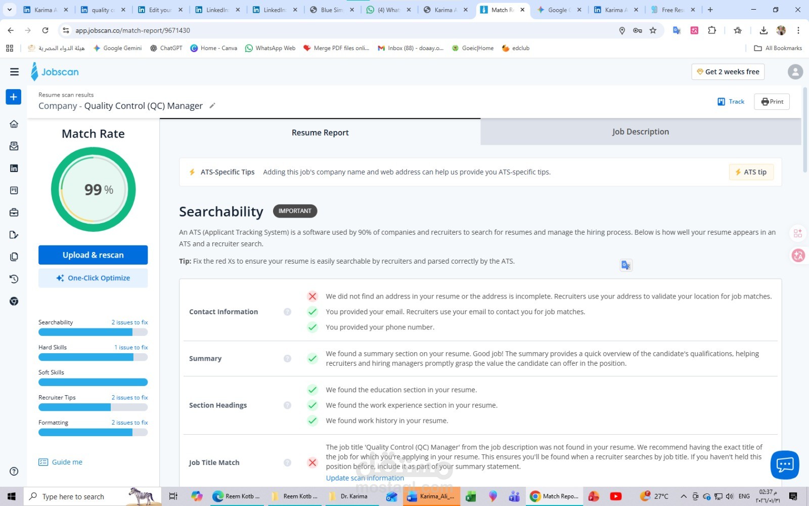 كتابة CV احترافي لأخصائي جودة (Quality Specialist) متوافق مع ATS