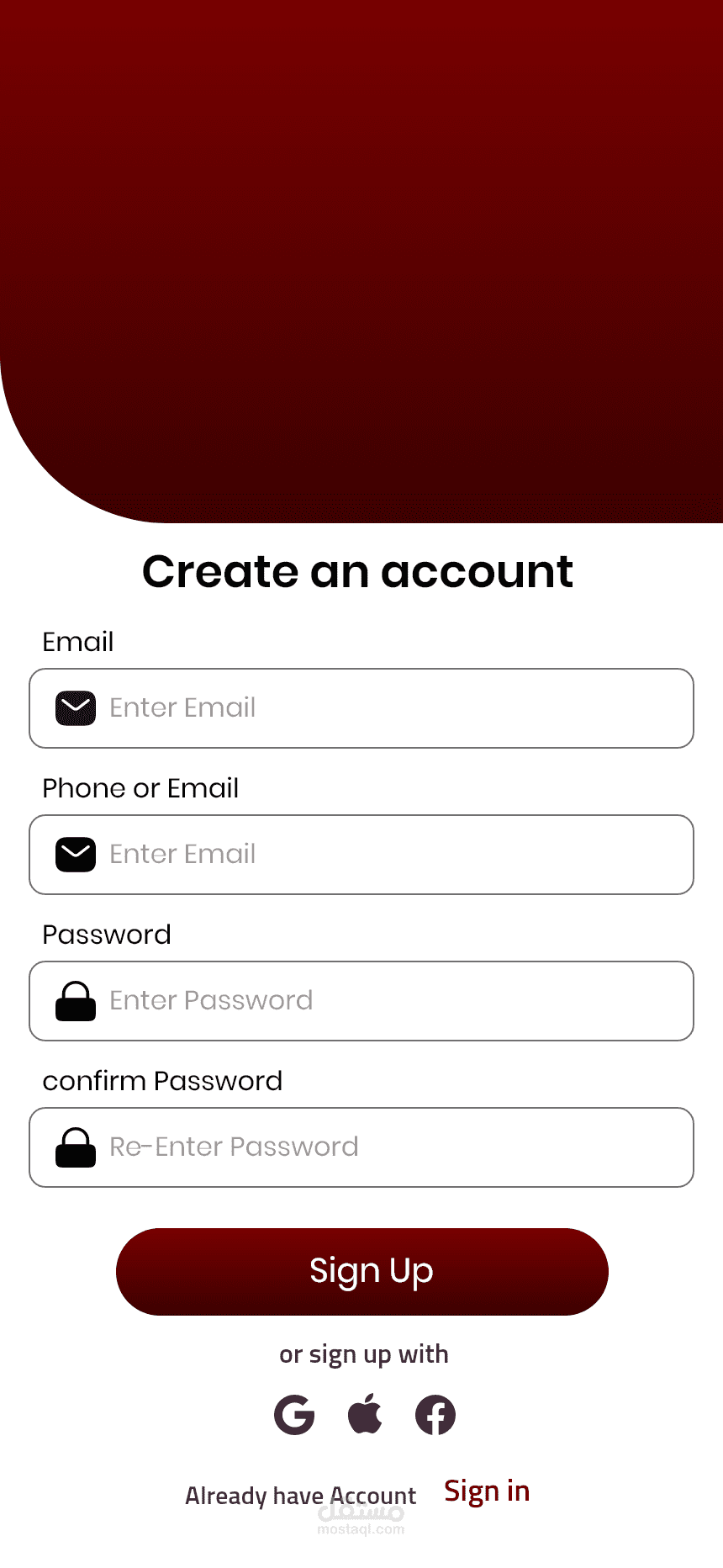 شاشة إنشاء حساب جديدة (Create New Account)