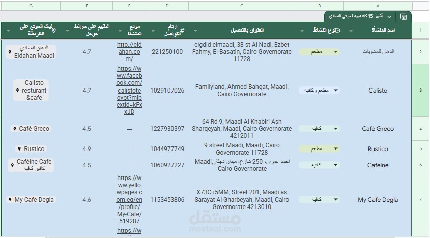 تجميع قاعدة بيانات شاملة لأبرز المنشآت التجارية في منطقة المعادي (Web Research)