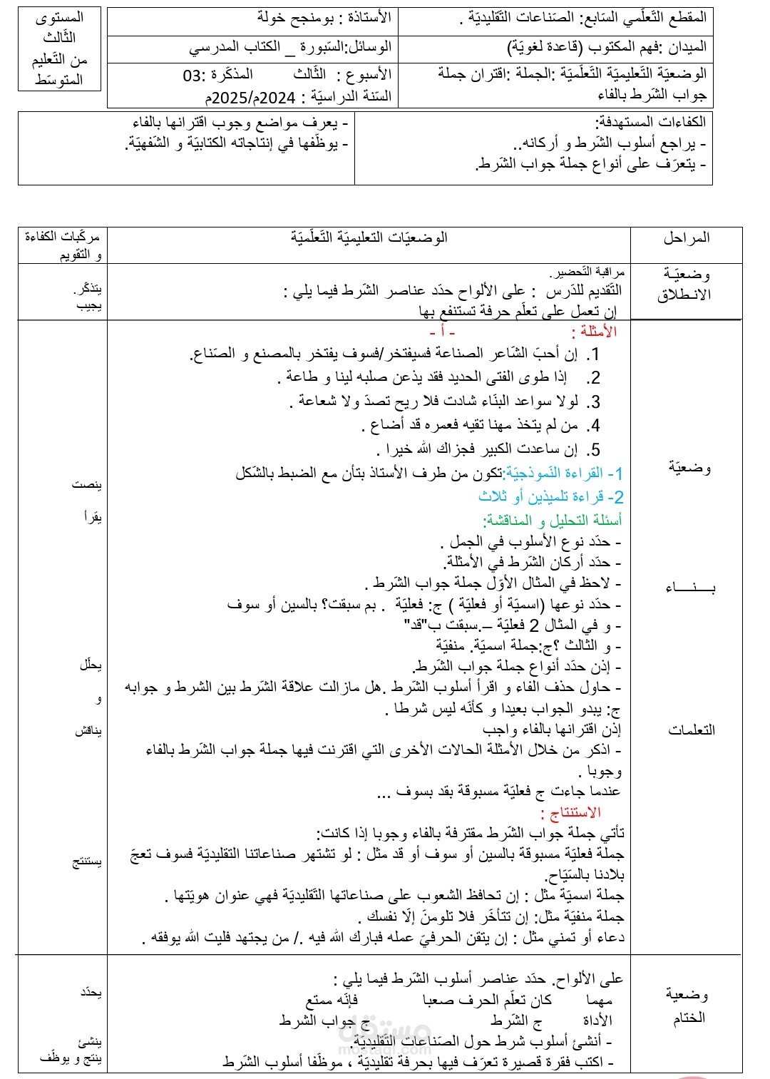مذكرة اقتران جملة جواب الشرط بالفاء